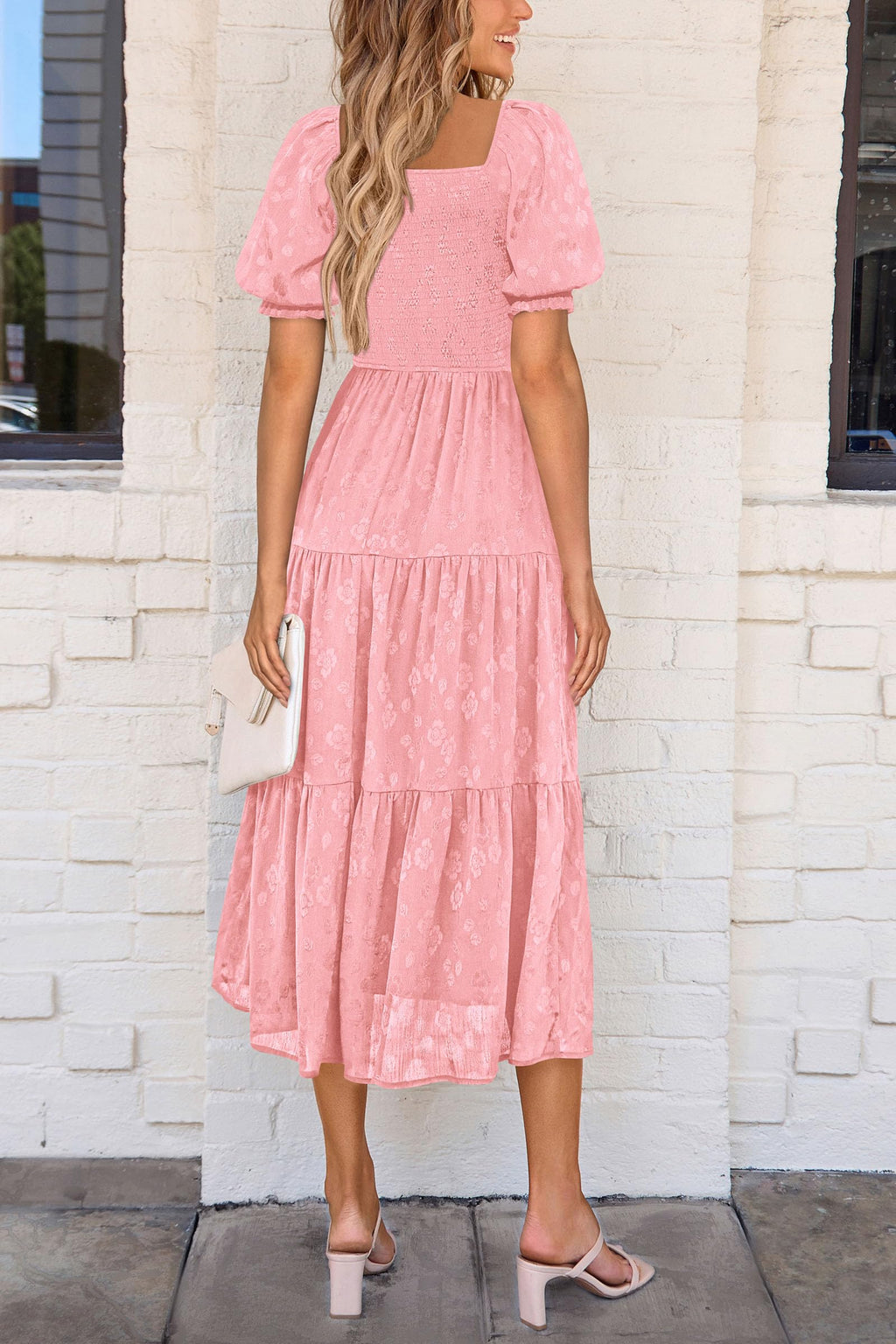 PRETTYGARDEN Women's Summer Casual Midi Dresses Square Neck Short Sleeve Smocked A Line Floral Flowy Elegant Boho Dress