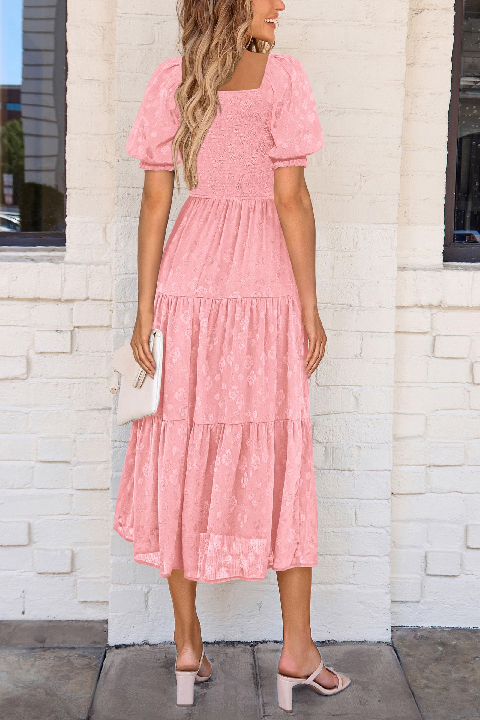 PRETTYGARDEN Women's Summer Casual Midi Dresses Square Neck Short Sleeve Smocked A Line Floral Flowy Elegant Boho Dress
