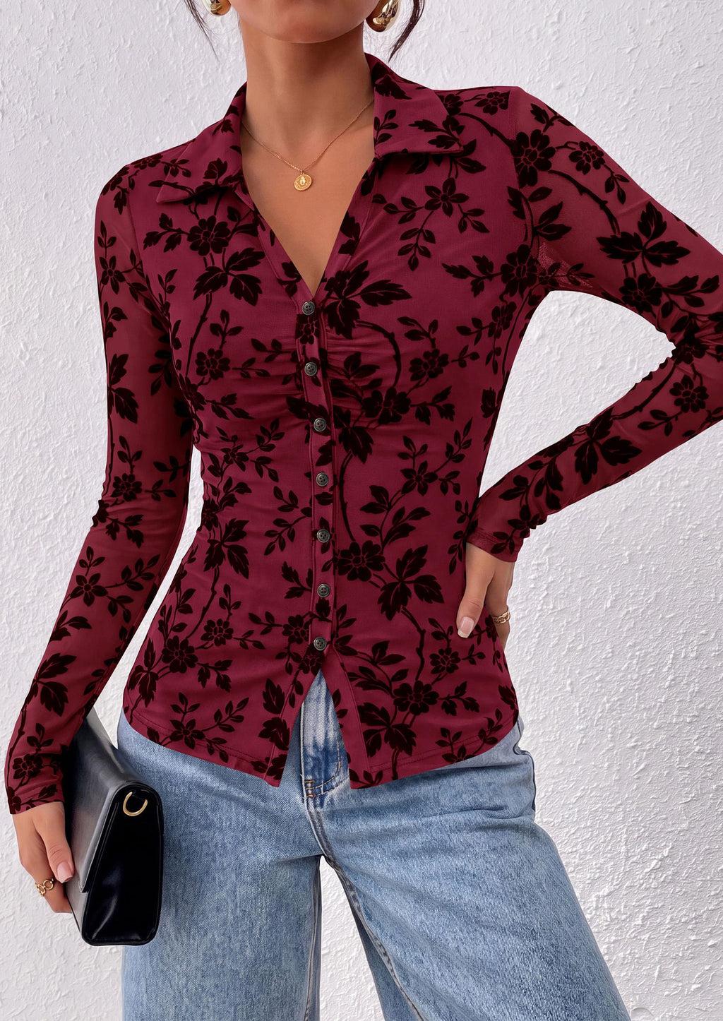 PRETTYGARDEN Women's Long Sleeve Floral Mesh Boho Tops Button Down Shirts Fall Blouses Dressy, Ruched Slim Fit, Collared V Neck, Trendy Going Out Date Night Outfit, Elegant Casual Work Office Clothes