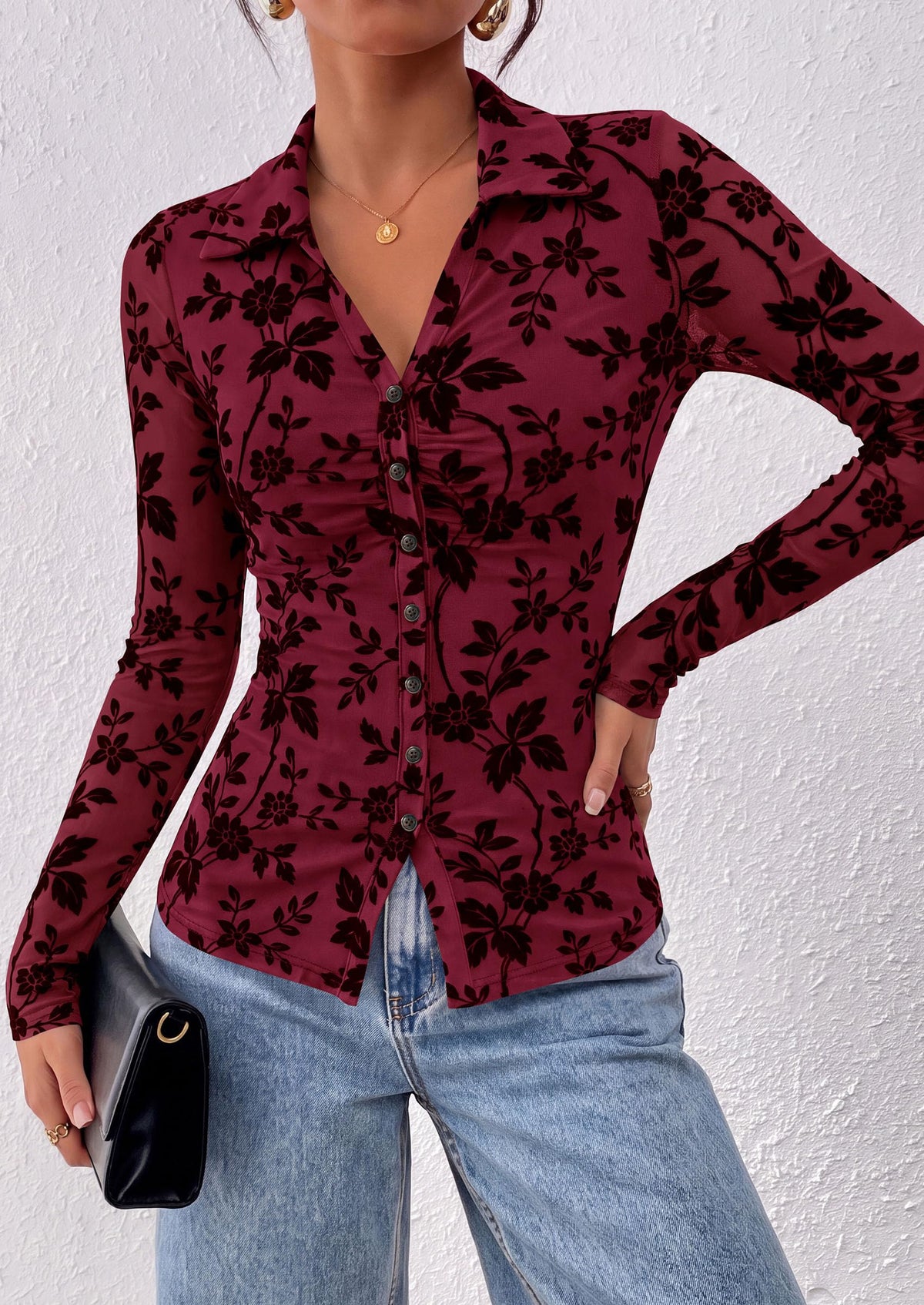 PRETTYGARDEN Women's Long Sleeve Floral Mesh Boho Tops Button Down Shirts Fall Blouses Dressy, Ruched Slim Fit, Collared V Neck, Trendy Going Out Date Night Outfit, Elegant Casual Work Office Clothes
