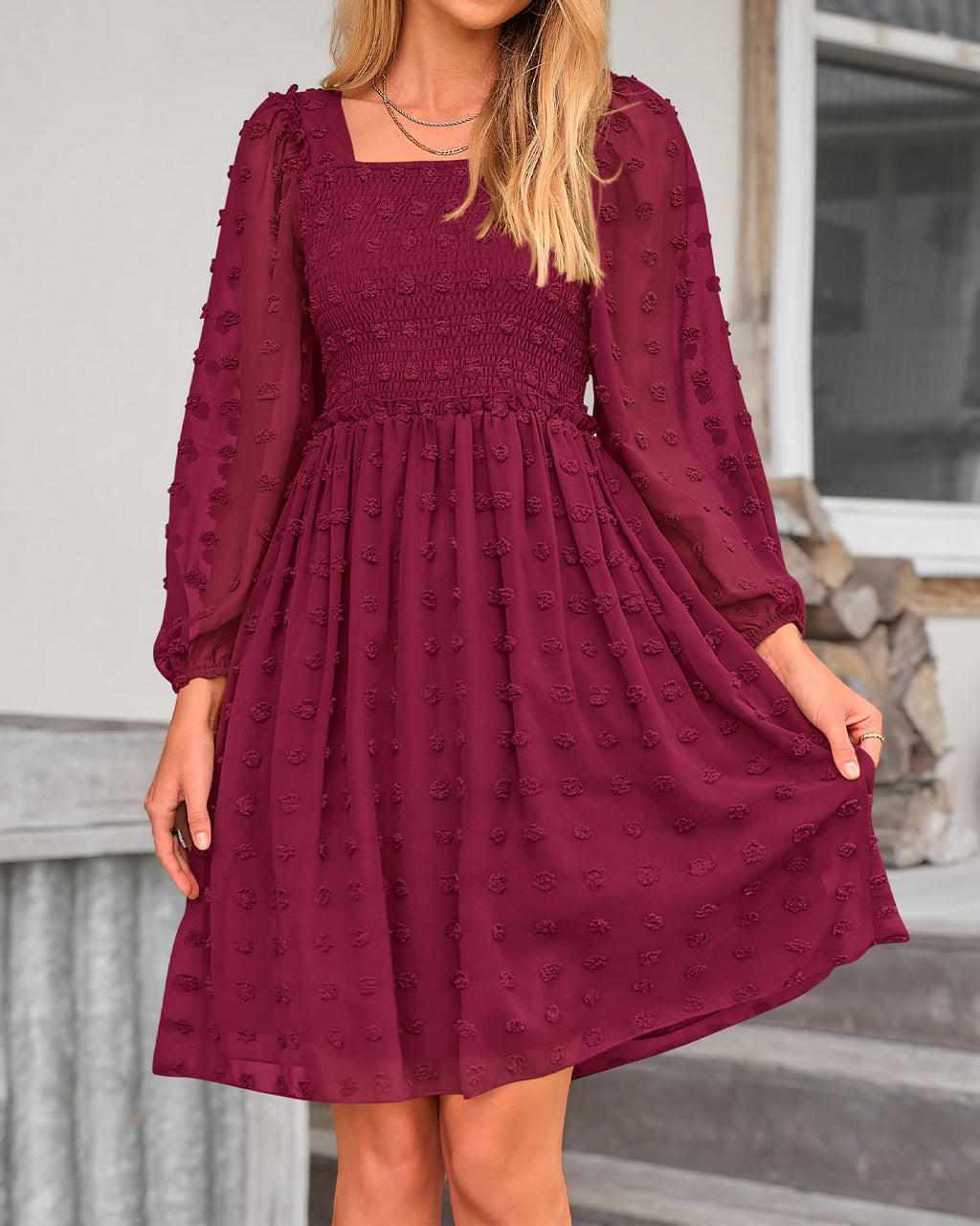 BTFBM Womens Long Sleeve Dress Summer Vacation Square Neck Smocked Floral Mini Boho Spring Wedding Guest Dresses