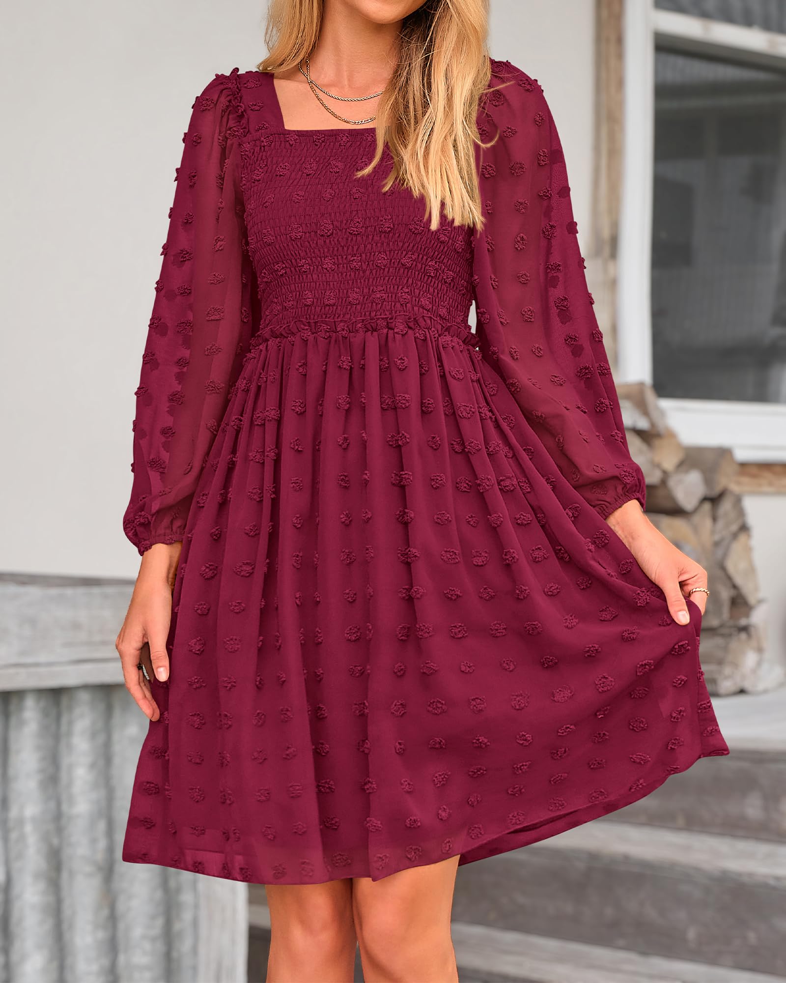 BTFBM Womens Long Sleeve Dress Summer Vacation Square Neck Smocked Floral Mini Boho Spring Wedding Guest Dresses