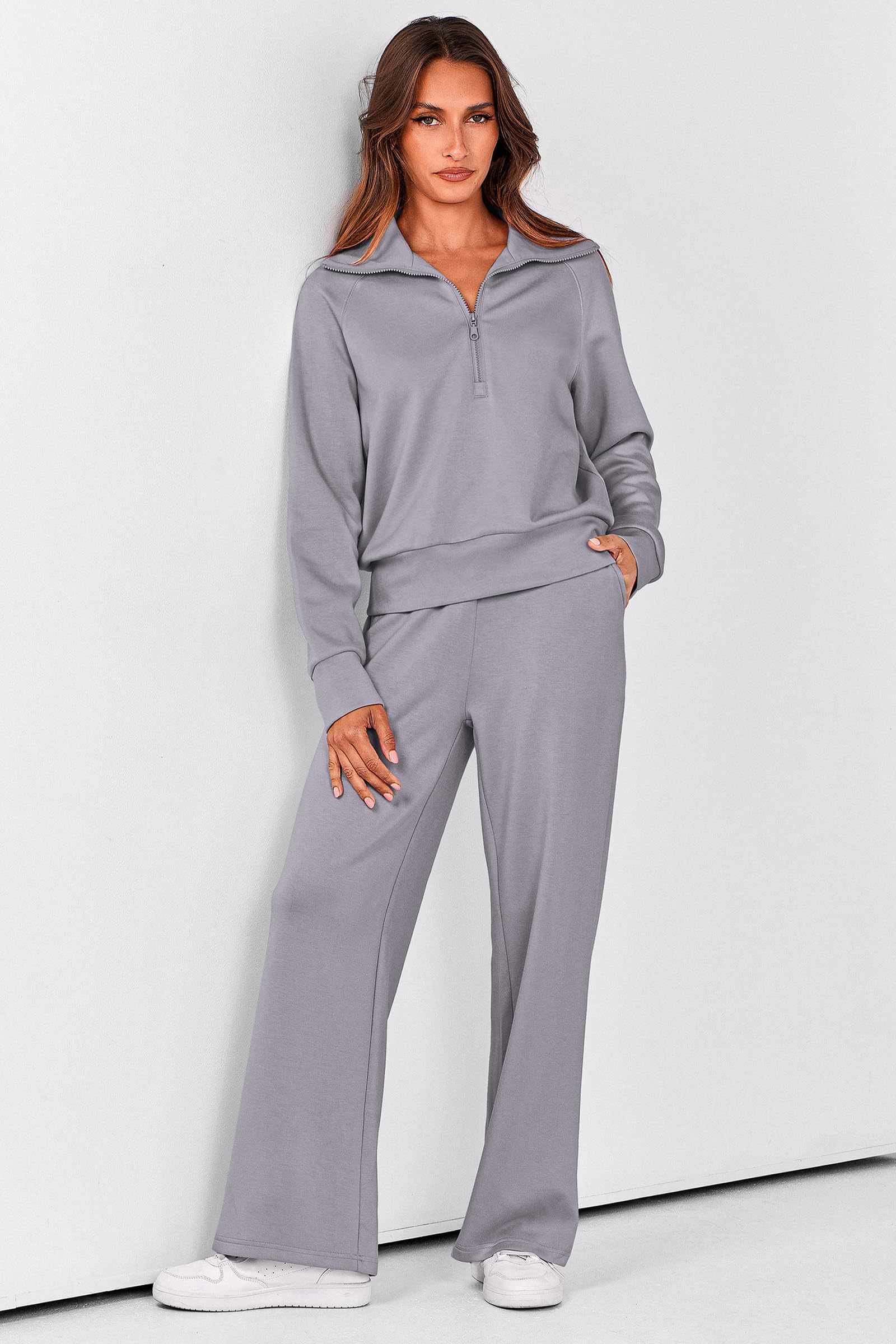 PRETTYGARDEN Women's 2 Piece Outfits Casual Lapel Half Zip Sweatshirts and Wide Leg Pants Tracksuit Sets