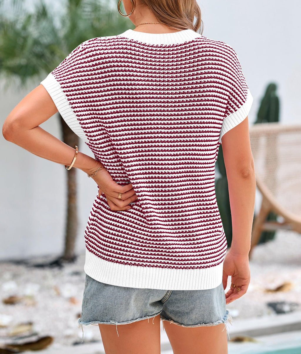PRETTYGARDEN Womens Short Sleeve Sweater Spring Summer Round Neck Striped Pullover Cap Sleeve Knit Sweater Vest Tops