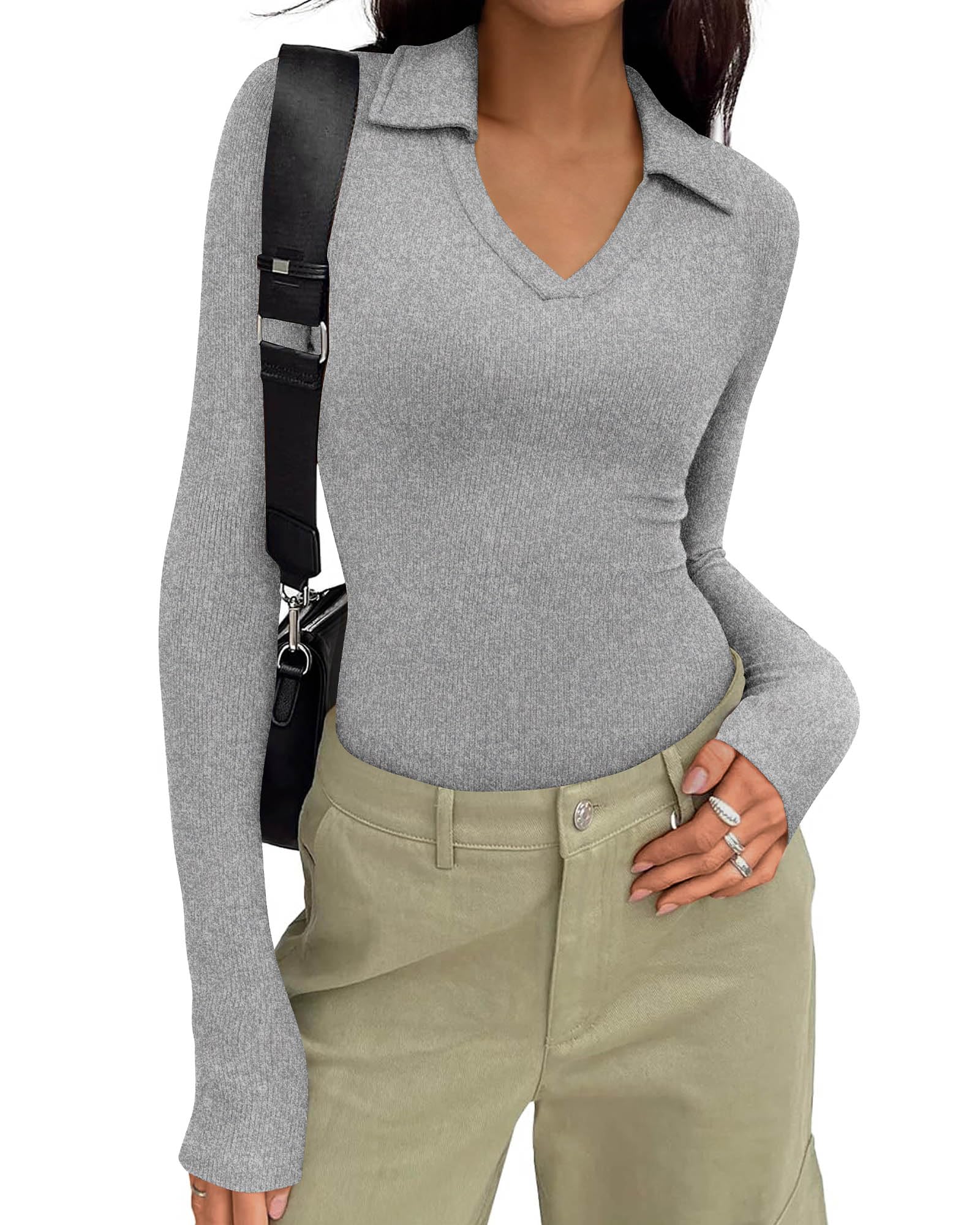 FreshPretty Polo Shirts for Women Long Sleeve Business Casual Tops Spring Fall Ribbed Knit Collared V Neck Slim Work Blouses