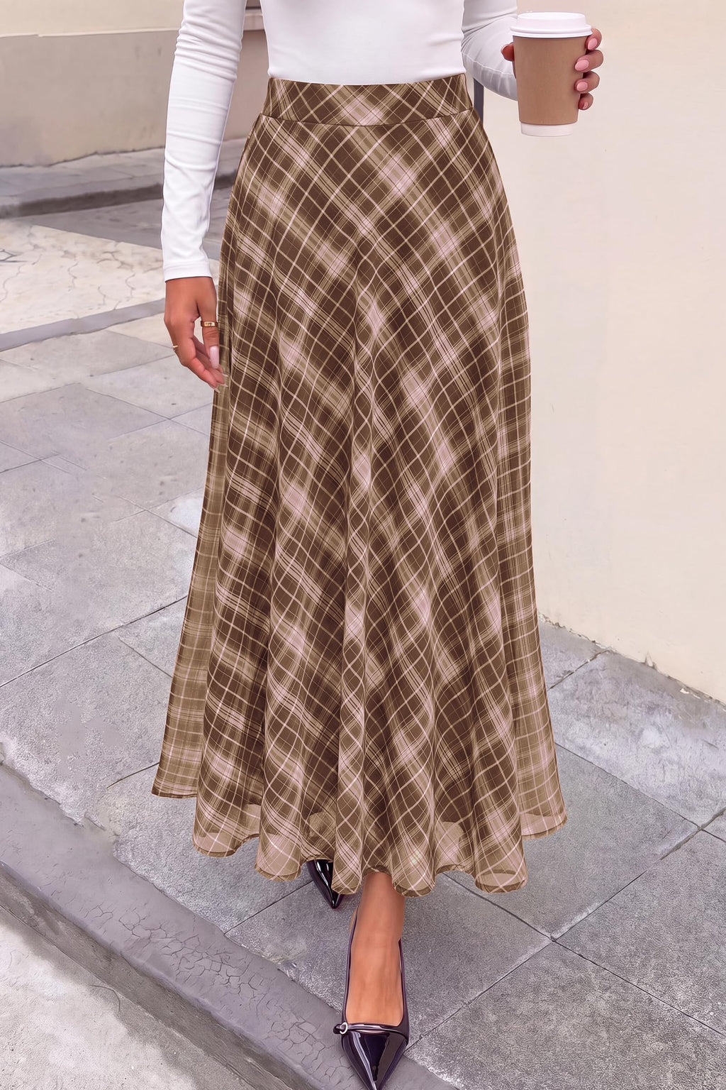 FreshPretty Casual A-Line Plaid Maxi Skirts for Women Trendy Fall Fashion Lightweight Chiffon Gingham Elastic Waist Long Skirt,Cute Winter Clothing,Spring Flowy Beach Vacation Clothes
