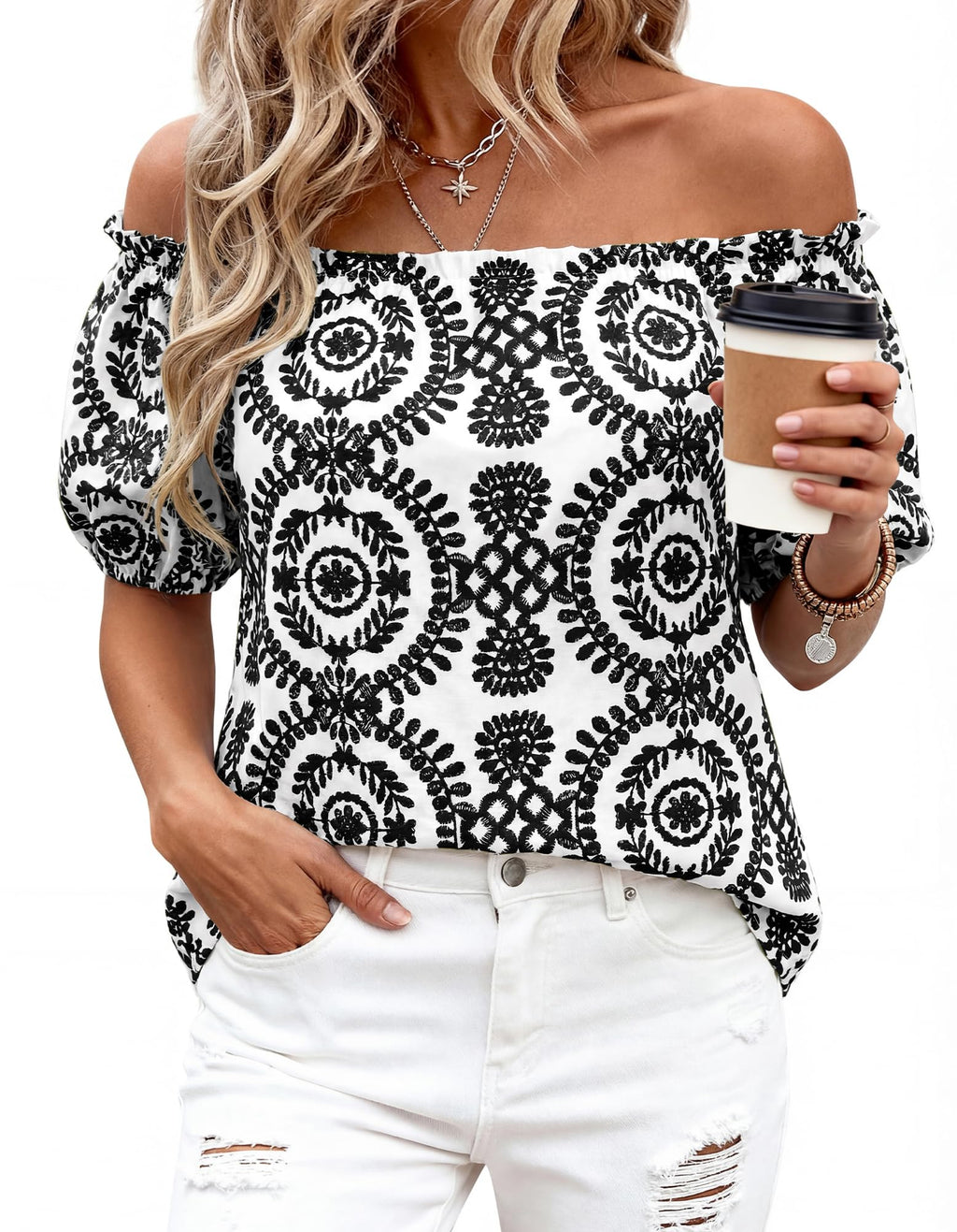 BTFBM Off The Shoulder Spring Tops for Women Summer Blouses Boho Floral Short Sleeve Shirts Dressy Casual Outfits