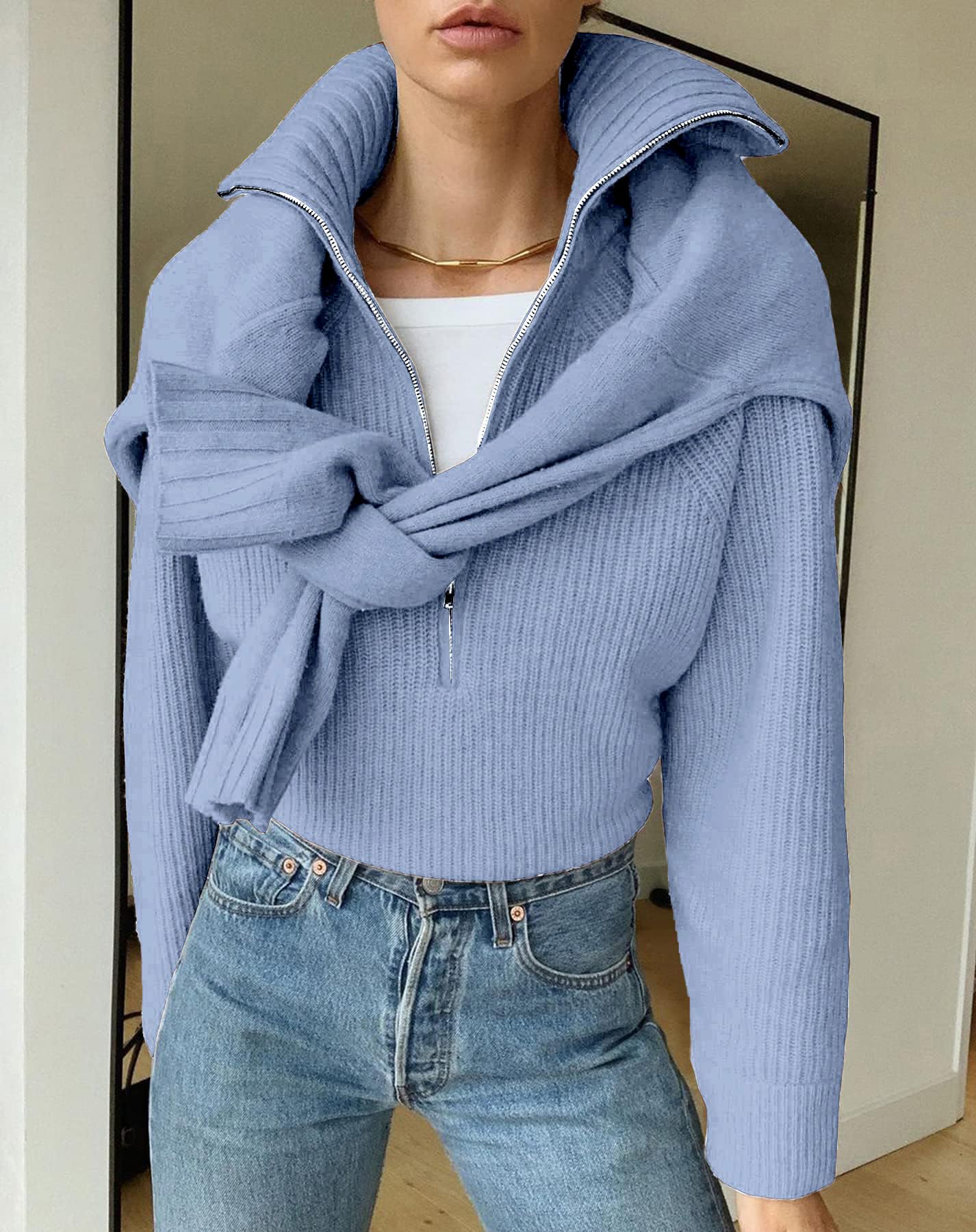 FreshPretty Womens Sweaters Quarter Zip Pullover V Neck Collar Long Sleeve Ribbed Knit Loose Casual Winter Fall Sweater