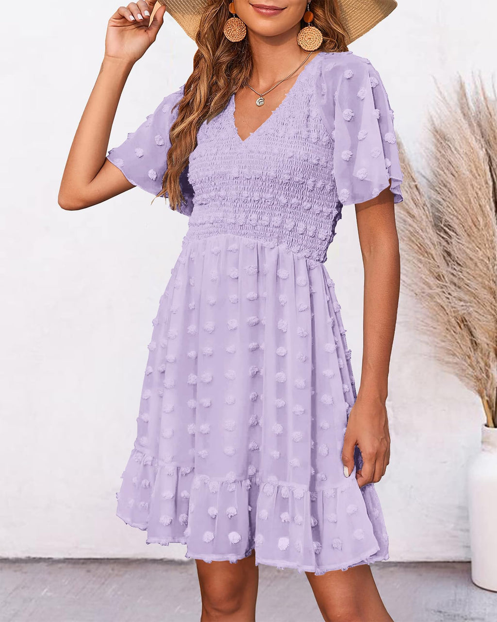 FreshPretty Womens Beach Vacation Dress Summer V Neck Short Sleeve Smocked Swiss Dot Cute Ruffle Casual Fall Mini Dresses