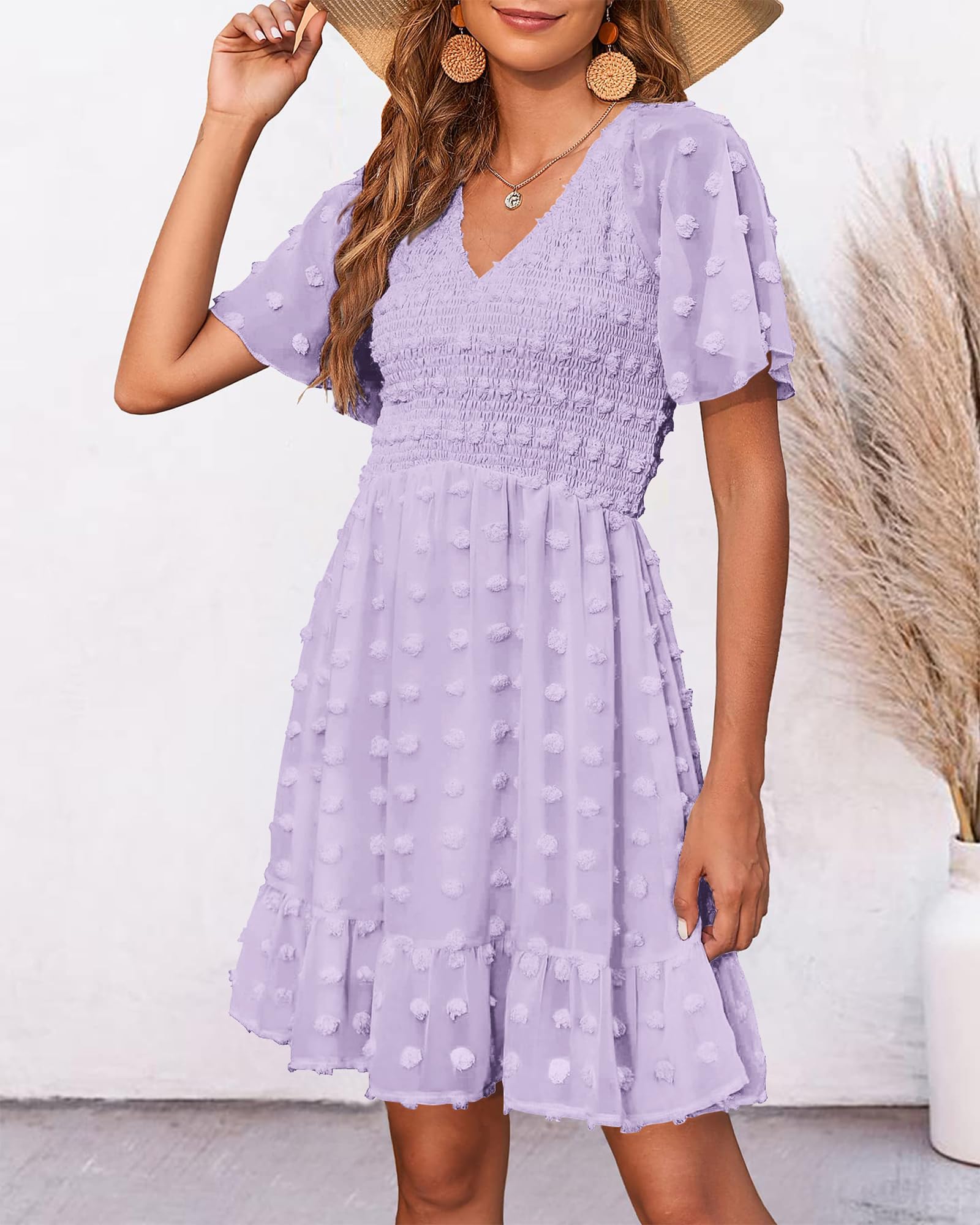 FreshPretty Womens Beach Vacation Dress Summer V Neck Short Sleeve Smocked Swiss Dot Cute Ruffle Casual Fall Mini Dresses