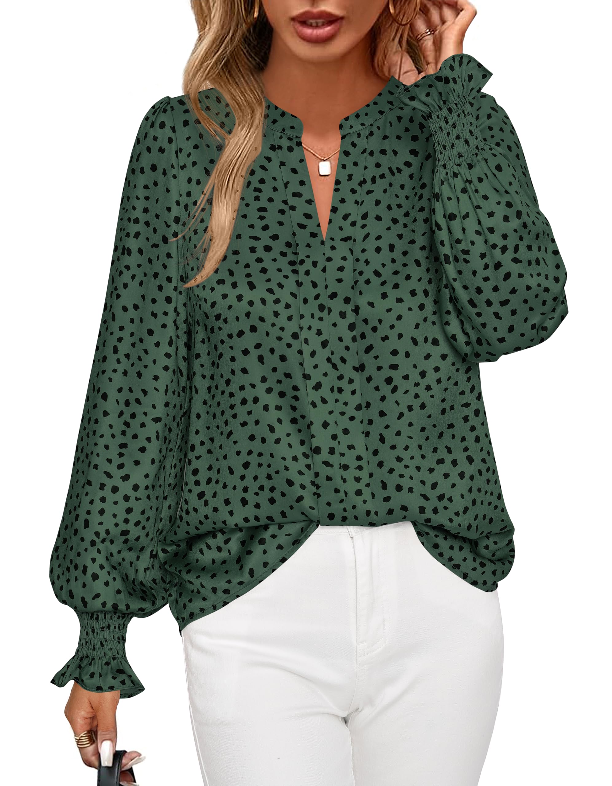 FreshPretty Womens Boho Floral Long Sleeve Tops Fall Fashion V Neck Loose Chiffon Work Blouses Dressy Casual Ruffle Shirts