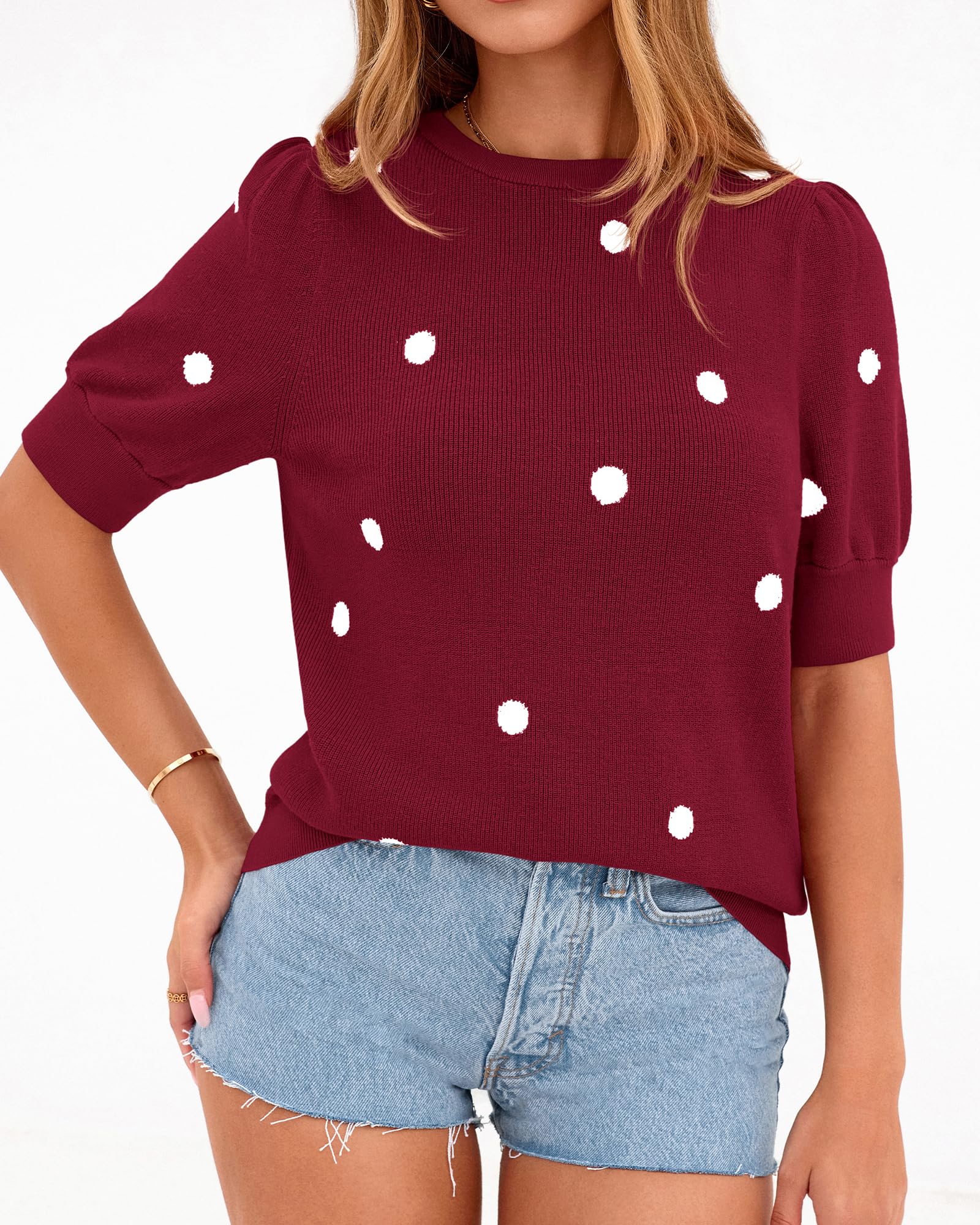 BTFBM Womens Sweaters Polka Dot Short Sleeve Sweater for Women Crew Neck Knit Summer Tops Business Dressy Casual Blouses