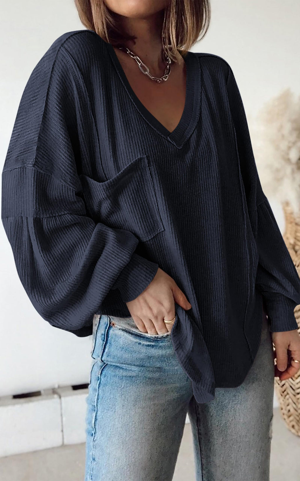 FreshPretty Womens Fall Fashion Long Sleeve Shirts Casual V Neck Ribbed Knit Blouses Pullover Trendy Loose Fit Tunic Tops