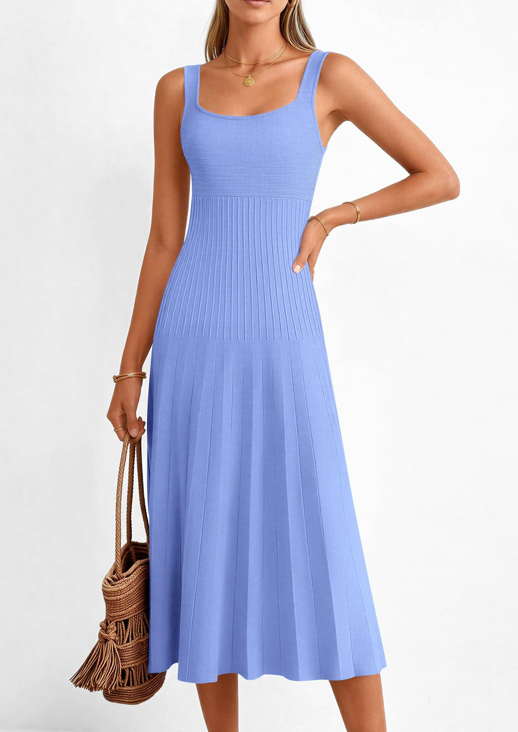 PRETTYGARDEN Spring Dresses for Women Summer Casual Sleeveless Square Neck A Line Knit Pleated Midi Cocktail Party Dress