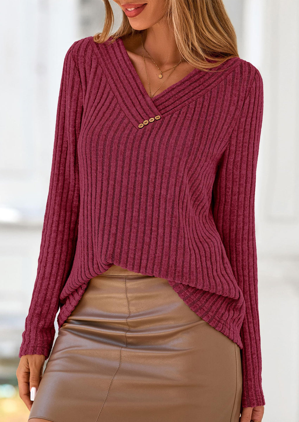 PRETTYGARDEN Women's Long Sleeve Shirts Fall Fashion Clothes Casual Ribbed V Neck Loose Tunic Tops Lightweight Sweaters