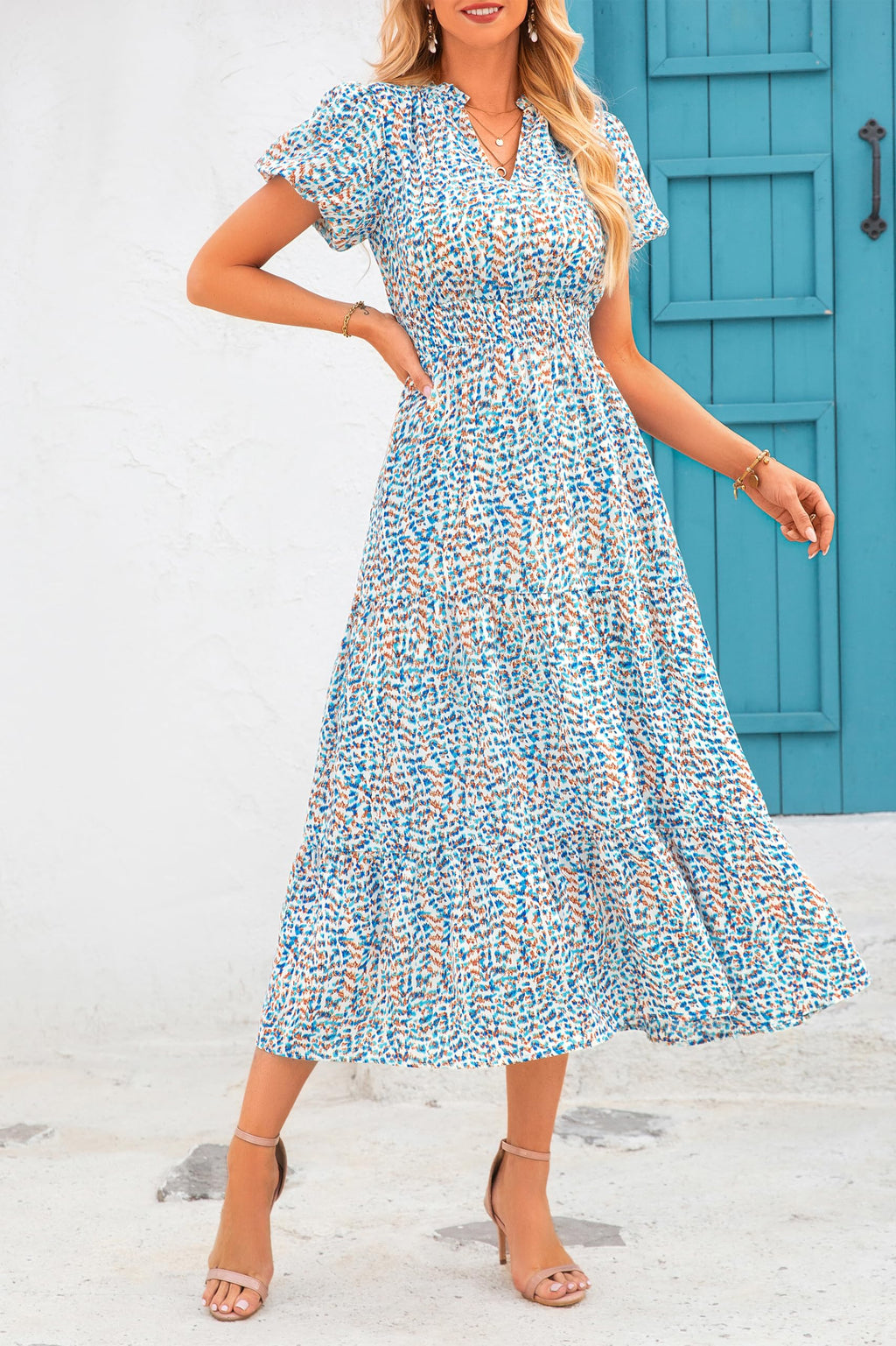 PRETTYGARDEN Summer Maxi Dresses for Women  Casual V Neck Puff Short Sleeve Smocked Flowy Beach Boho Long Floral Dress