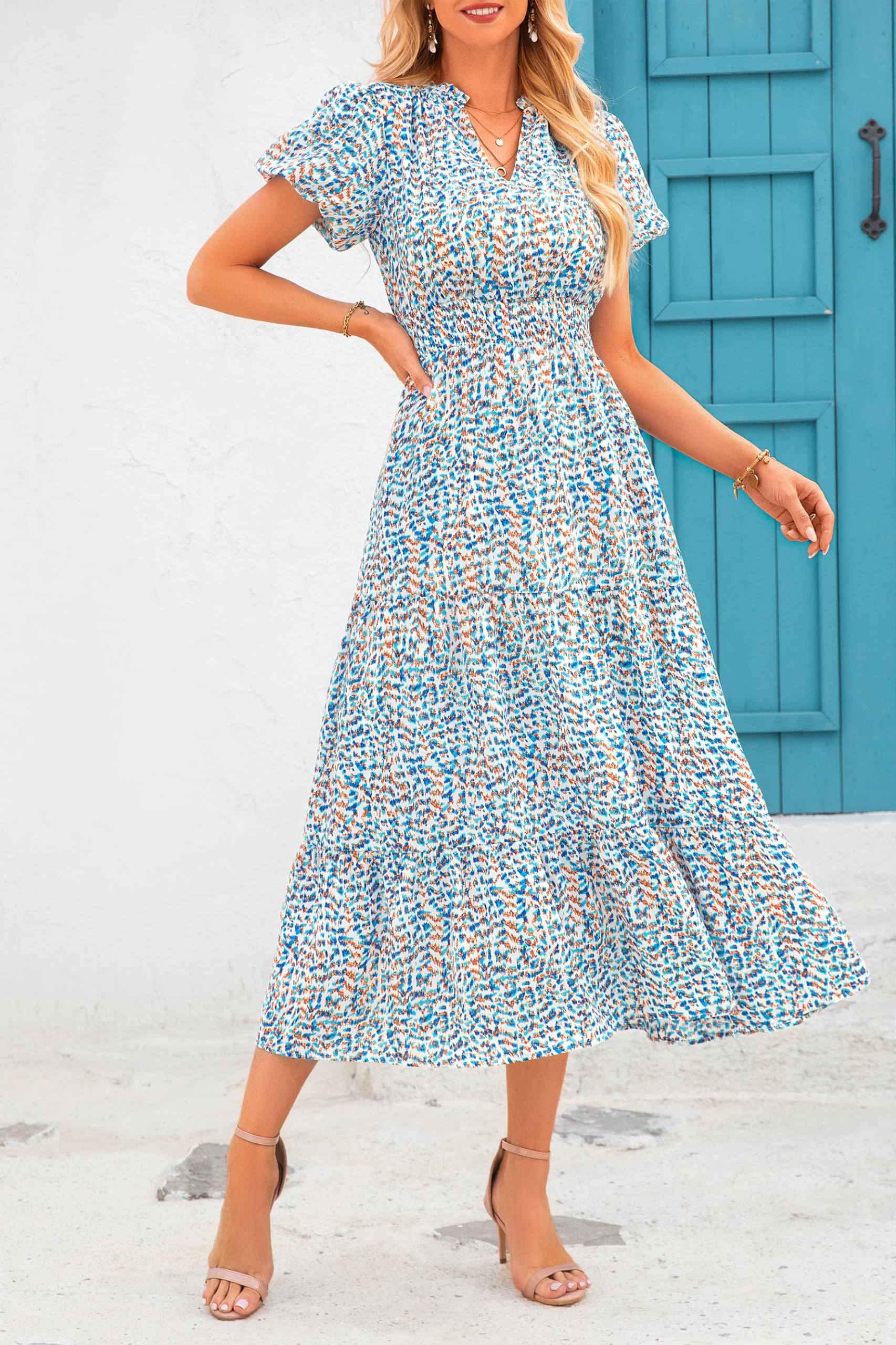 PRETTYGARDEN Summer Maxi Dresses for Women  Casual V Neck Puff Short Sleeve Smocked Flowy Beach Boho Long Floral Dress