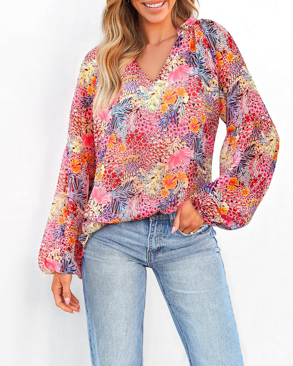 BTFBM Blouses for Women Dressy Casual Floral Summer Boho Tops V Neck Lightweight Long Sleeve Shirts Spring Clothes
