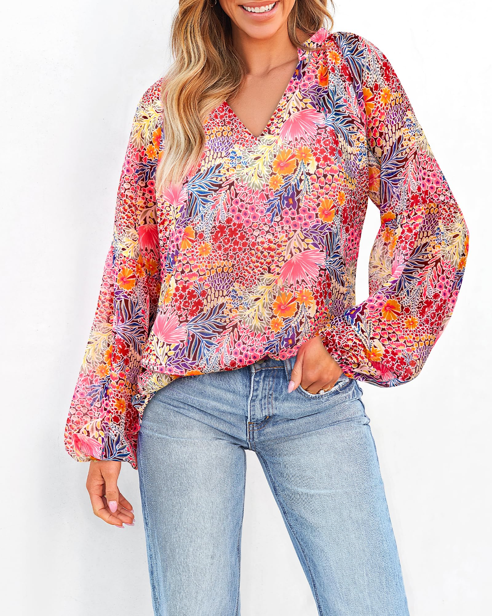 BTFBM Blouses for Women Dressy Casual Floral Summer Boho Tops V Neck Lightweight Long Sleeve Shirts Spring Clothes