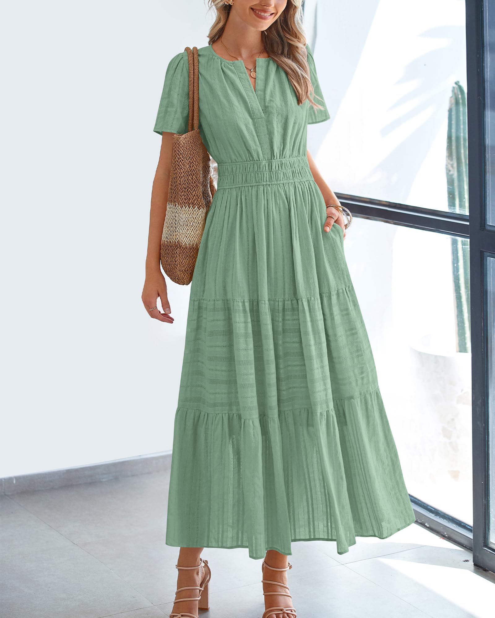BTFBM Womens Summer Casual Midi Maxi Dresses Lightweight Short Sleeve V Neck Elastic Waist Boho Beach Dress Pockets