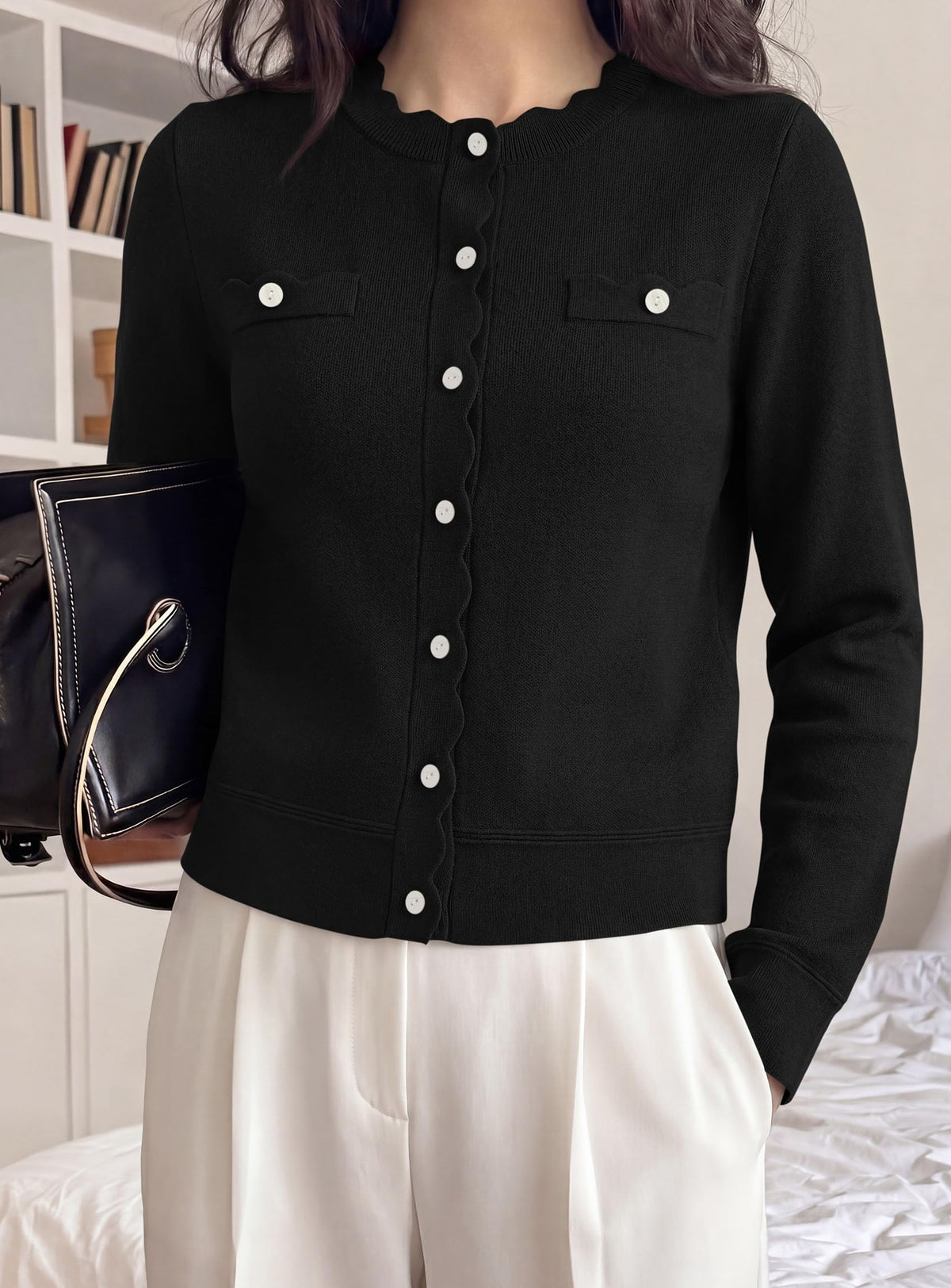 PRETTYGARDEN Cardigan Sweaters for Women Scalloped Button Up Fall Outfits Soft Knit Long Sleeve Knit Tops,Crew Neck,Business Casual Outfits,Office Work Lightweight Sweater,Layers Clothes