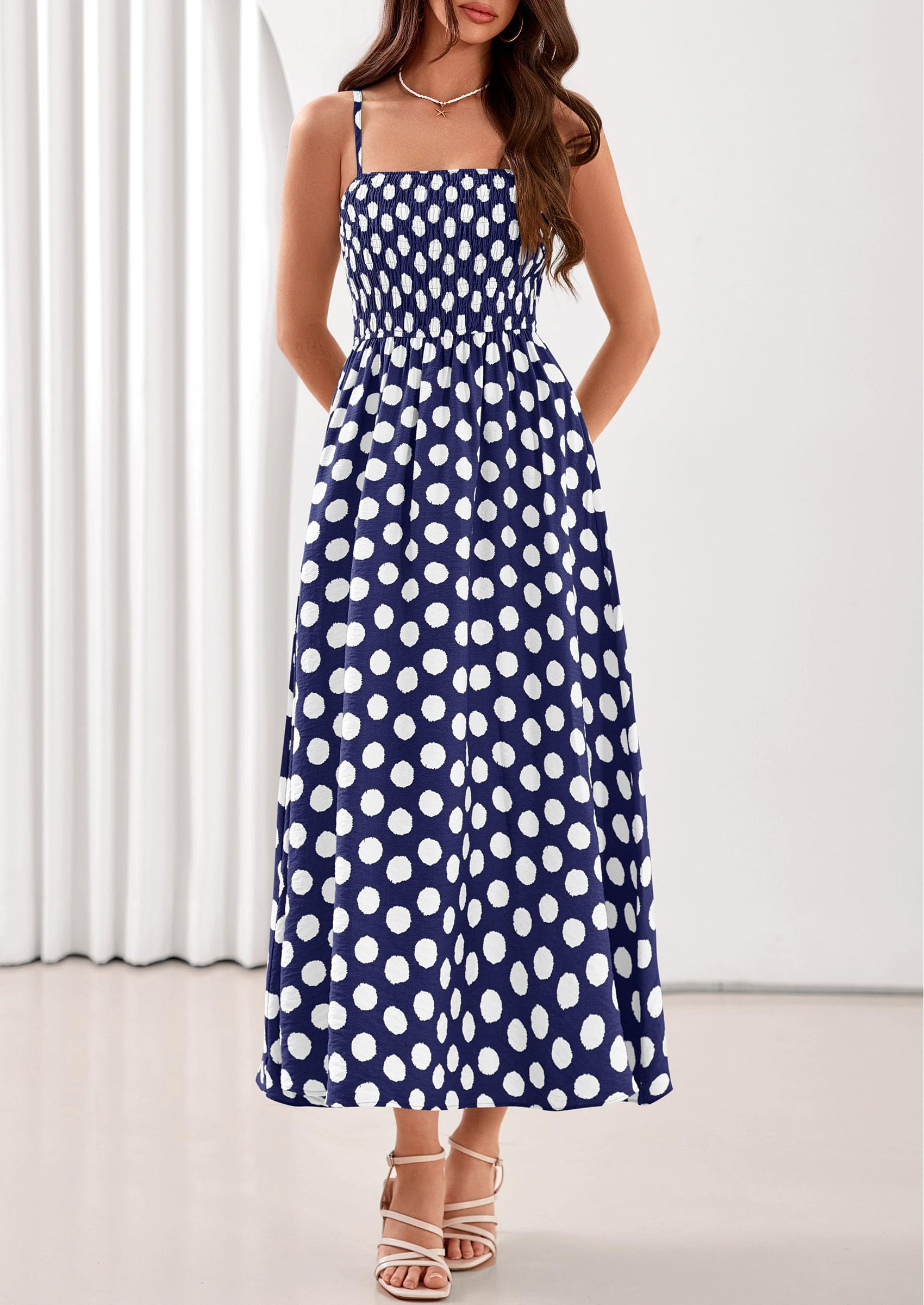 PRETTYGARDEN Womens Polka Dot Dress Summer Sleeveless Spaghetti Straps Smocked Sun Dress Flowy Spring Beach Midi Dresses