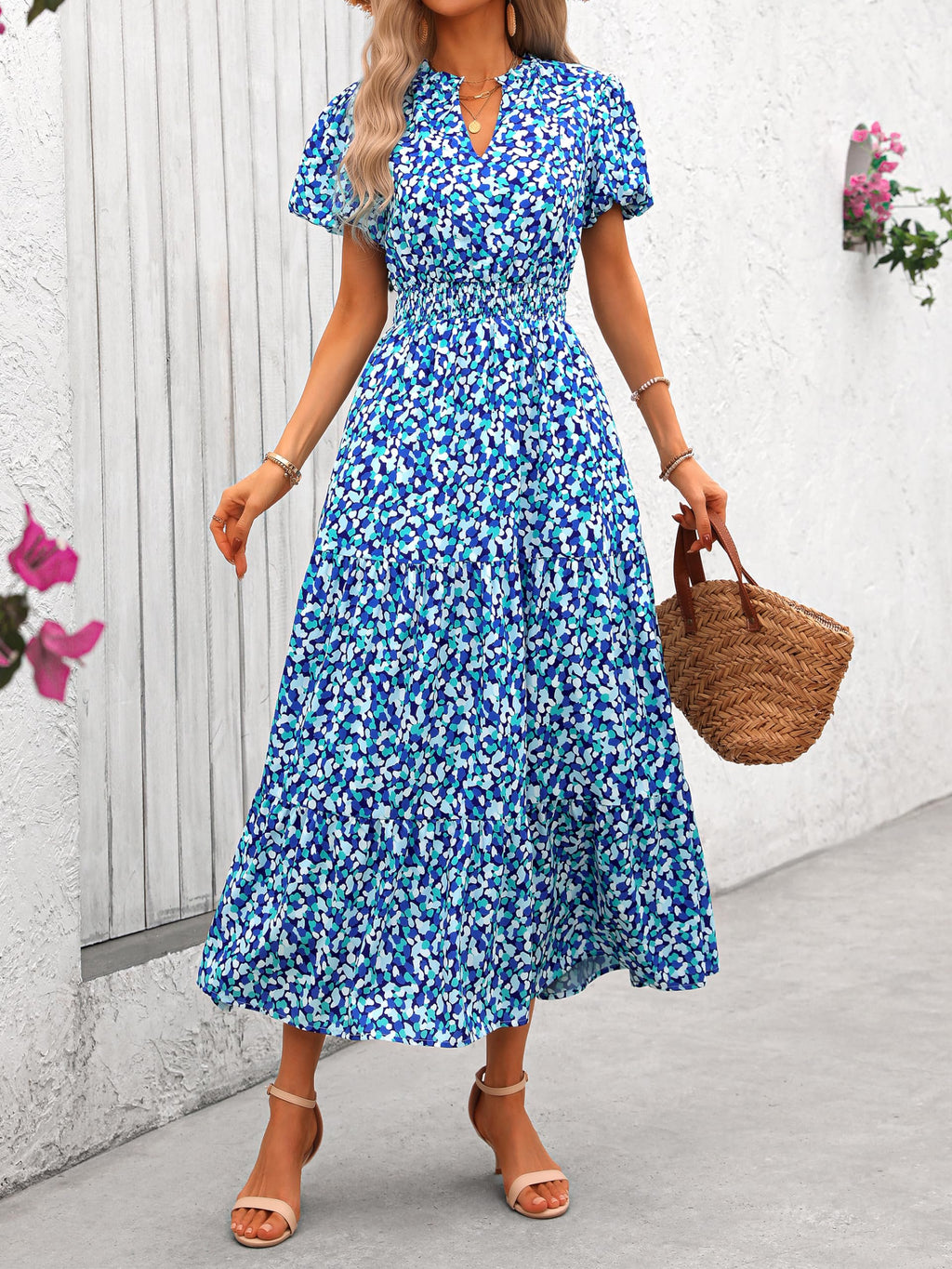 PRETTYGARDEN Summer Maxi Dresses for Women  Casual V Neck Puff Short Sleeve Smocked Flowy Beach Boho Long Floral Dress
