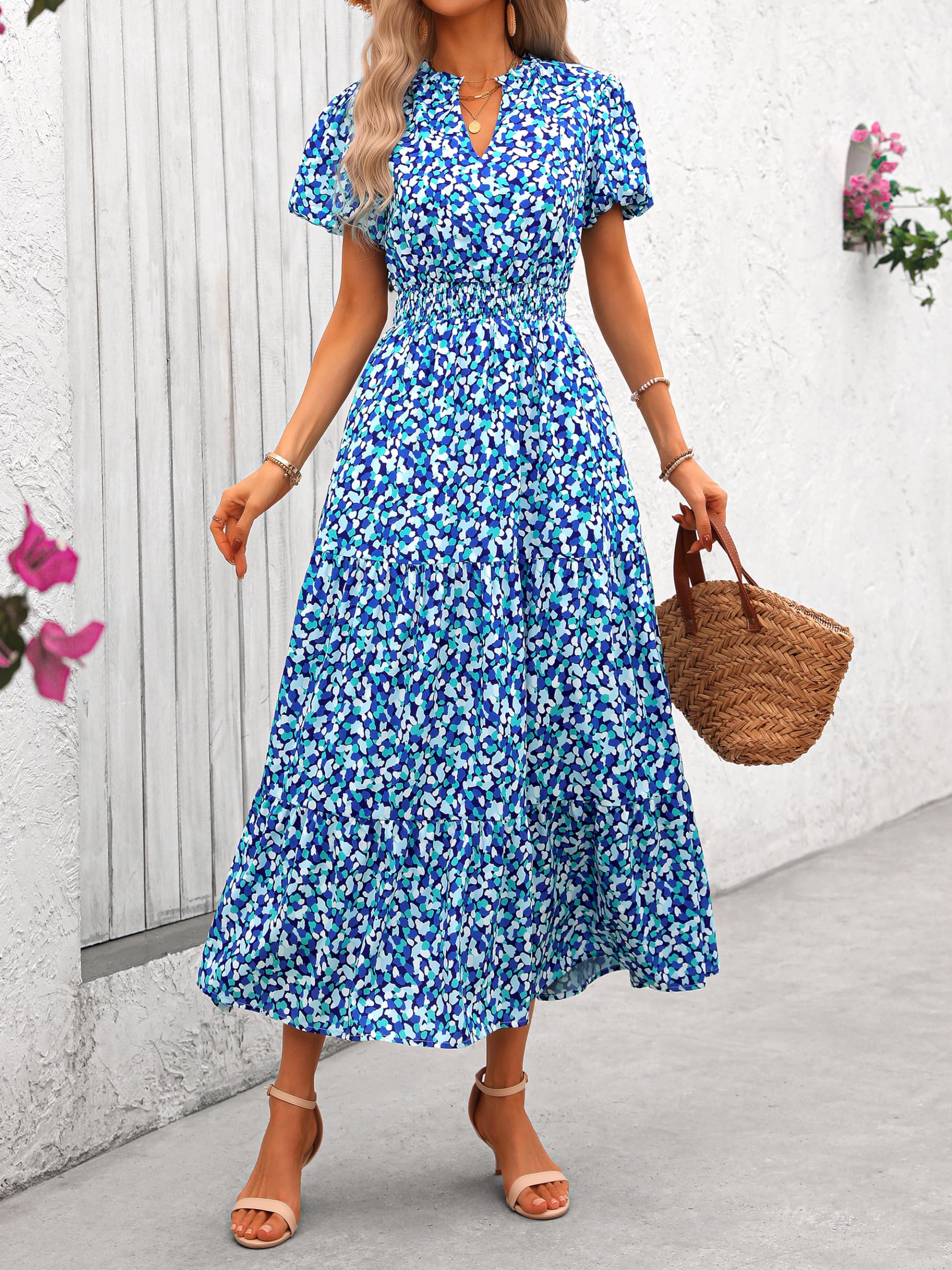 PRETTYGARDEN Summer Maxi Dresses for Women  Casual V Neck Puff Short Sleeve Smocked Flowy Beach Boho Long Floral Dress