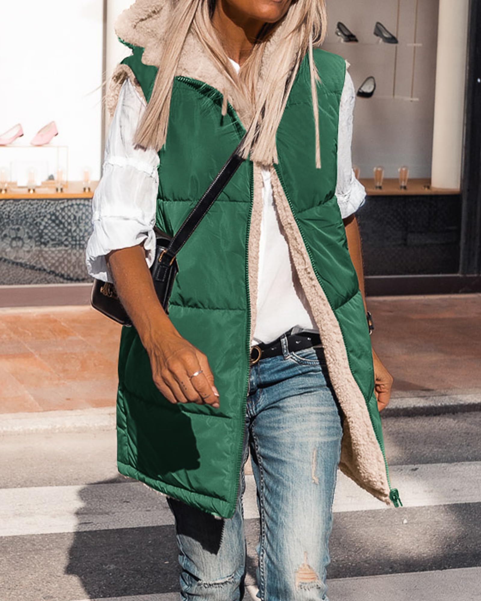 BTFBM Long Puffer Vest Women Fleece Sherpa Jacket Sleeveless Hooded Reversible Zip Up Winter Coat Fall Vests Outerwear