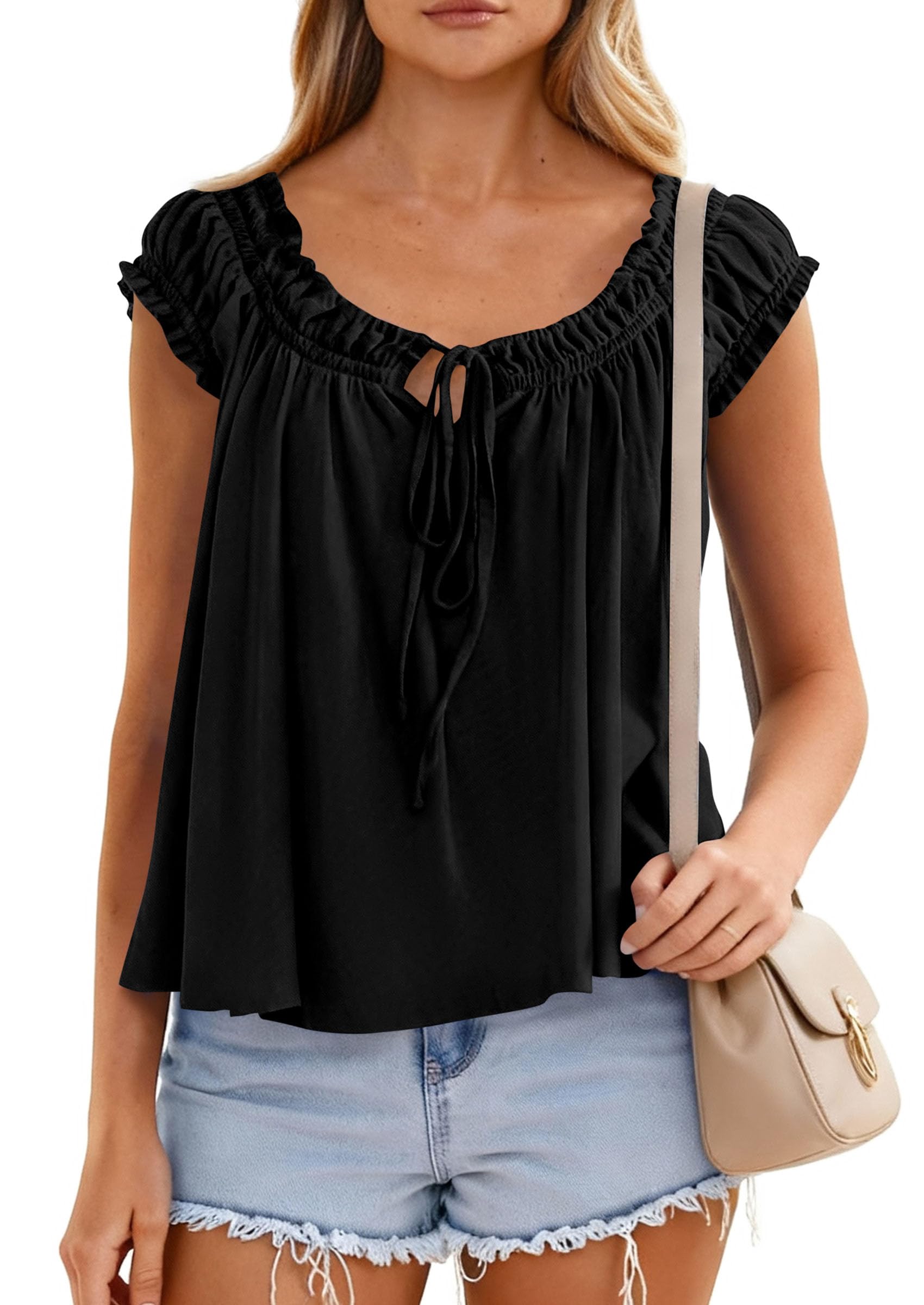 PRETTYGARDEN Women Babydoll Tops Summer Clothes Cap Sleeve Tie Front Flowy Tank Top Peplum Blouses Cute Going Out Shirts
