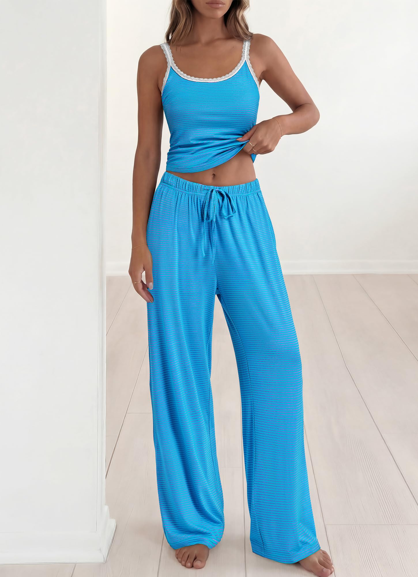 BTFBM Lounge Sets For Women Striped 2 Piece Pajama Sets Spaghetti Strap Tops Wide Leg Pants Beach Vacation Outfits