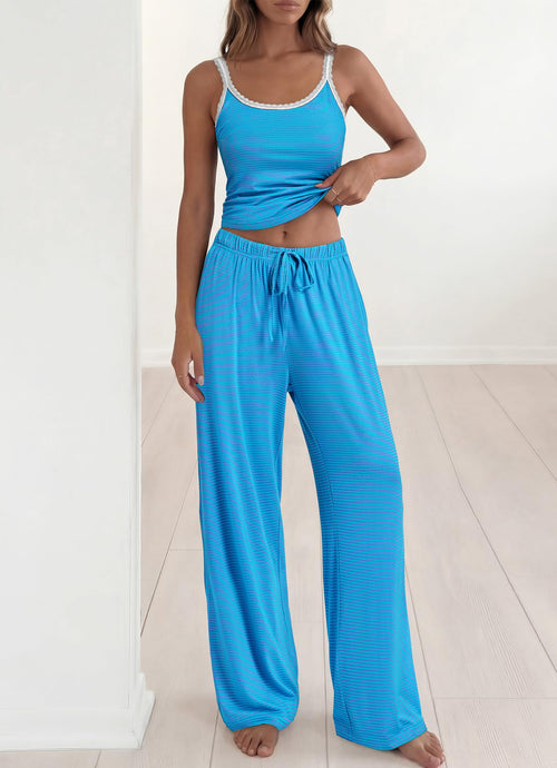 BTFBM Lounge Sets For Women Striped 2 Piece Pajama Sets Spaghetti Strap Tops Wide Leg Pants Beach Vacation Outfits