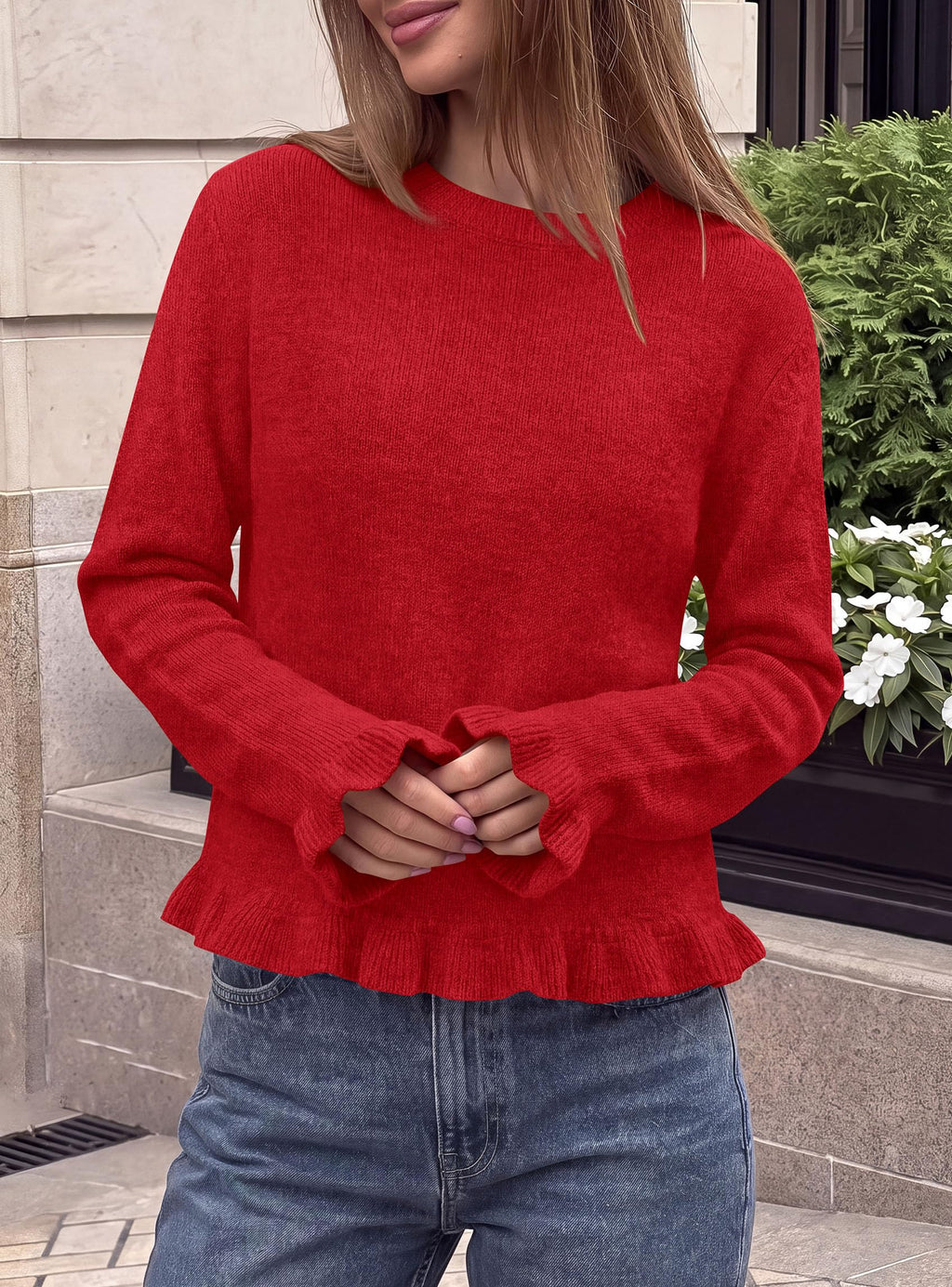 PRETTYGARDEN Women's Ruffle Sweaters Fall Fashion Cozy Knit Pullover Soft Stretchy, Crewneck Long Sleeve, Cute Peplum Tops, Dressy Casual Blouses, Going Out Holiday, Trendy Winter Outfits