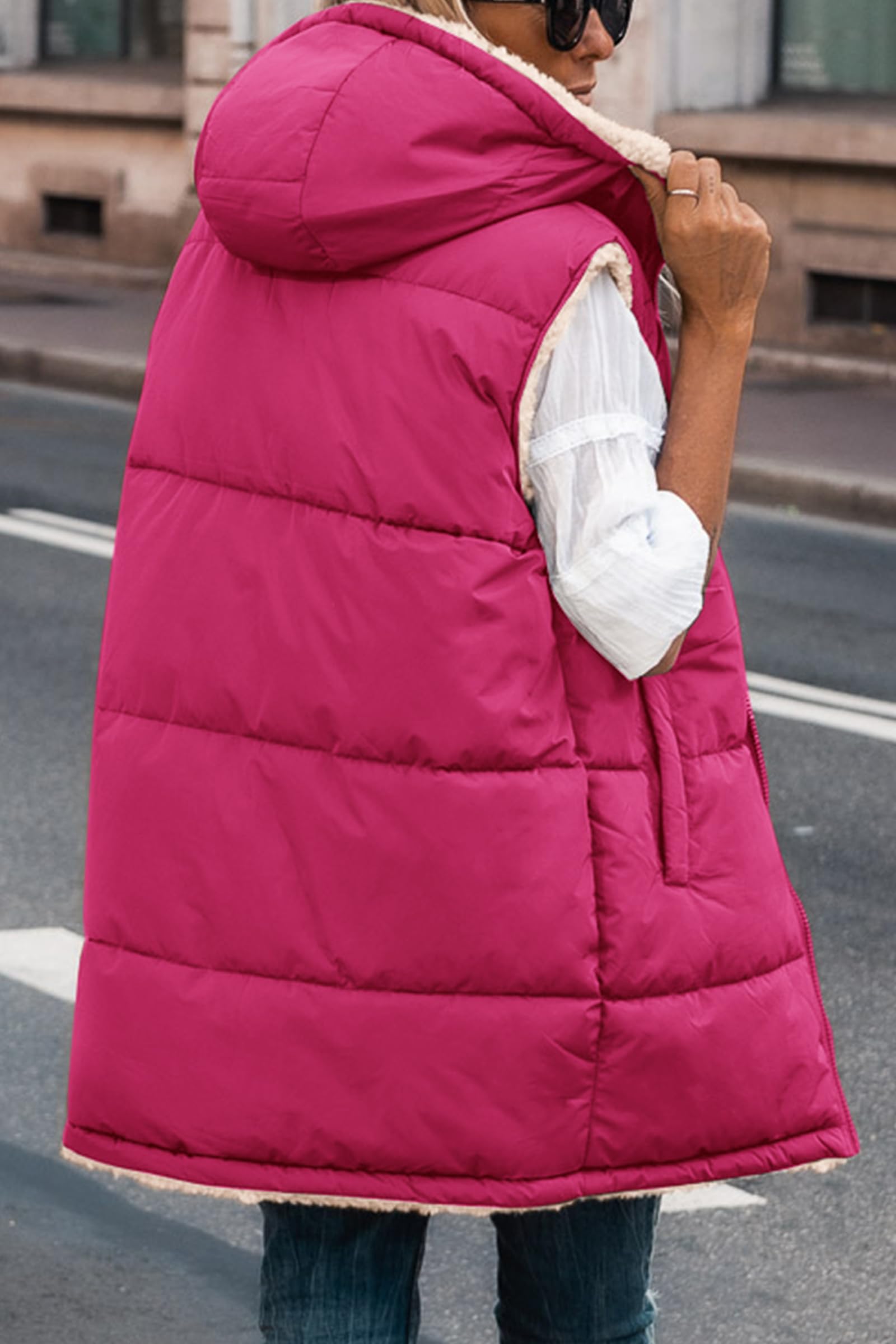 PRETTYGARDEN Womens Fall Reversible Long Vests Sleeveless Fleece Jacket Zip Up Hoodie Pockets Warm Coat Winter Clothing