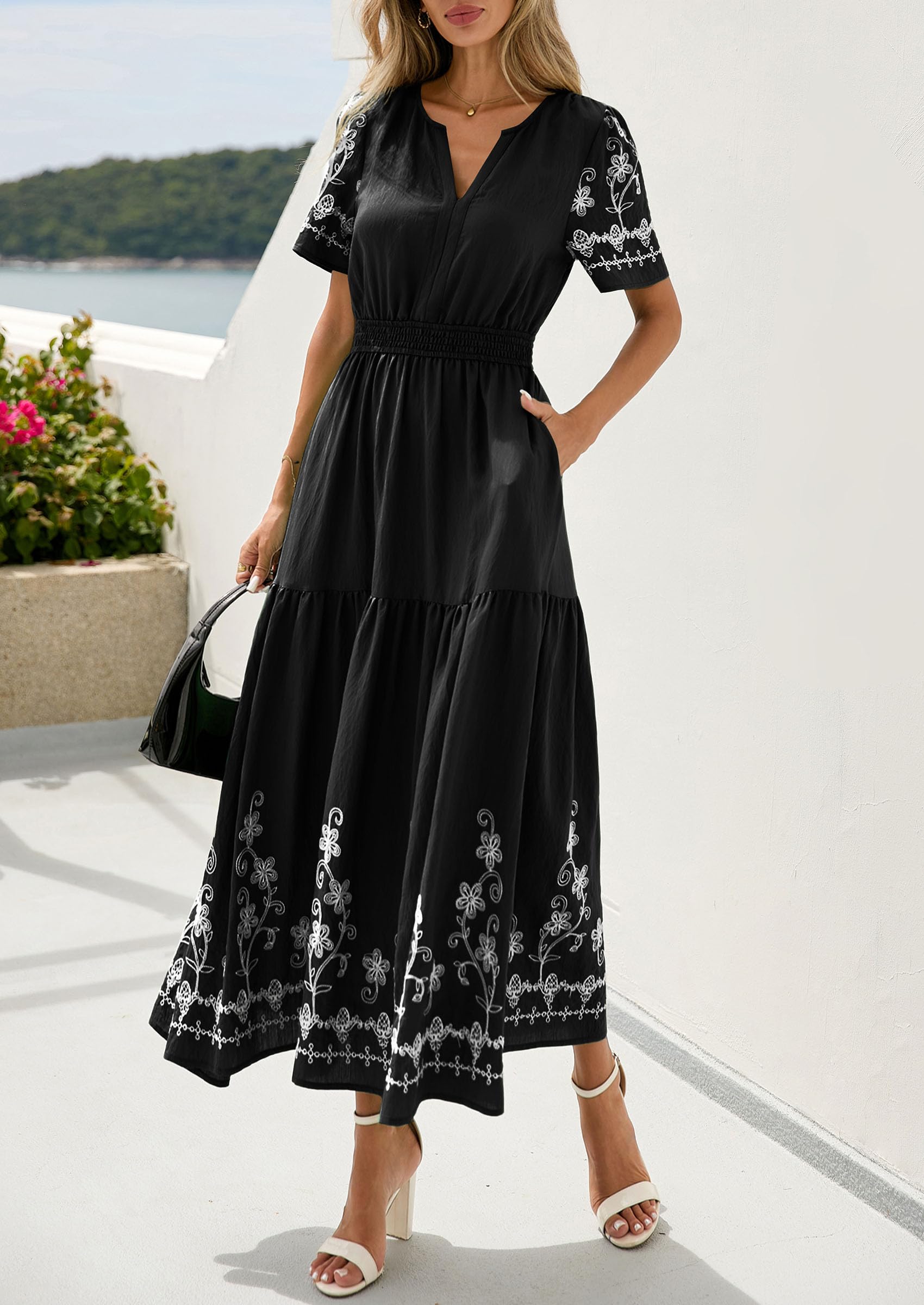 PRETTYGARDEN Women's Summer Boho Maxi Dress Spring Floral Short Sleeve V Neck A Line Flowy Beach Wedding Guest Dresses