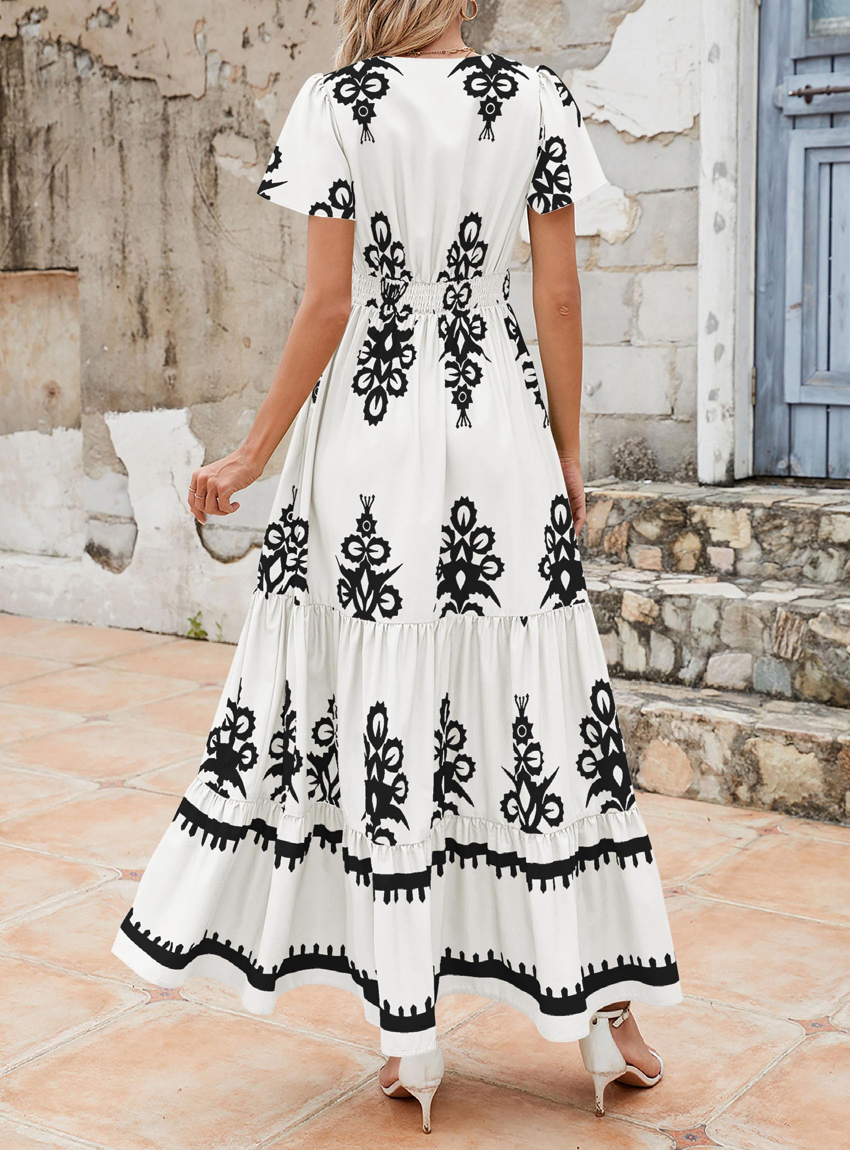 PRETTYGARDEN Womens Summer Casual V Neck Boho Maxi Dress Flowy Aline Bell Sleeve Tiered Floral Dresses with Pocket