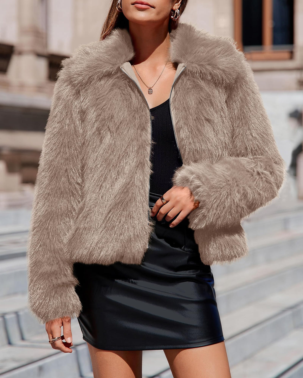 BTFBM Faux Fur Jacket Women Fluffy Winter Cropped Coats Zip Up Fuzzy Jackets Long Sleeve Furry Coat Fall Clothes