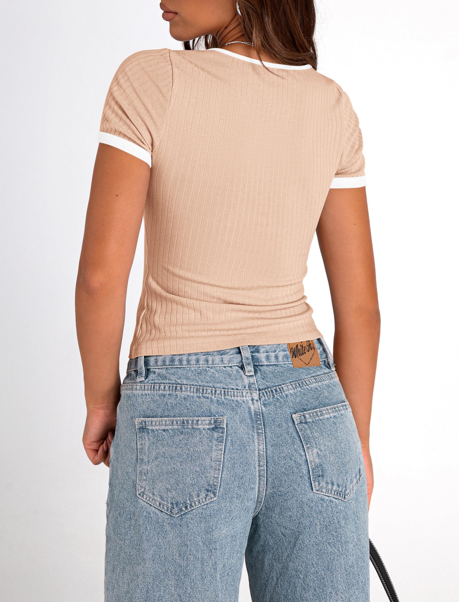PRETTYGARDEN Women's Summer Short Sleeve T Shirts Ribbed Knit Square Neck Color Block Slim Fit Basic Casual Crop Tops Blouses