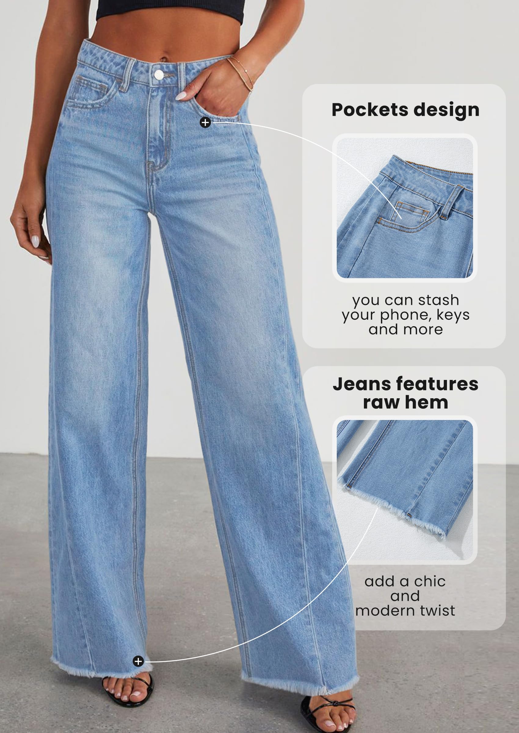 PRETTYGARDEN Wide Leg Jeans for Women Trendy High Waisted Stretchy Baggy Raw Hem Denim Palazzo Pants Fall Clothes