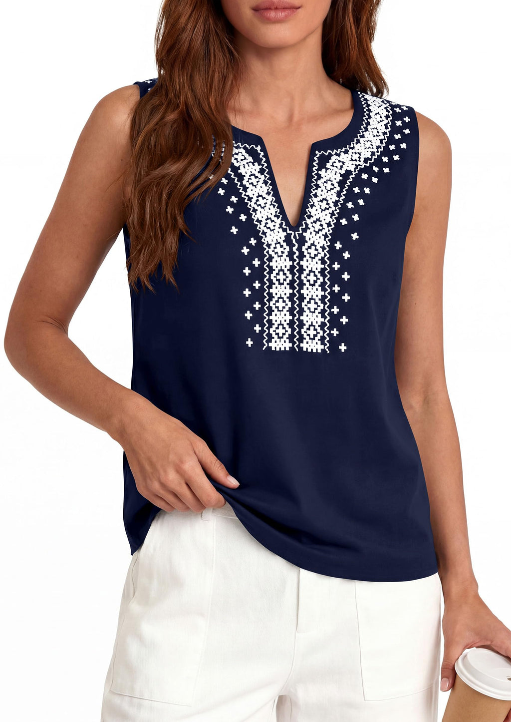 PRETTYGARDEN Womens Tank Tops Summer Causal V Neck Sleeveless Shirts Floral Print Embroidered Beach Vacation Boho Top
