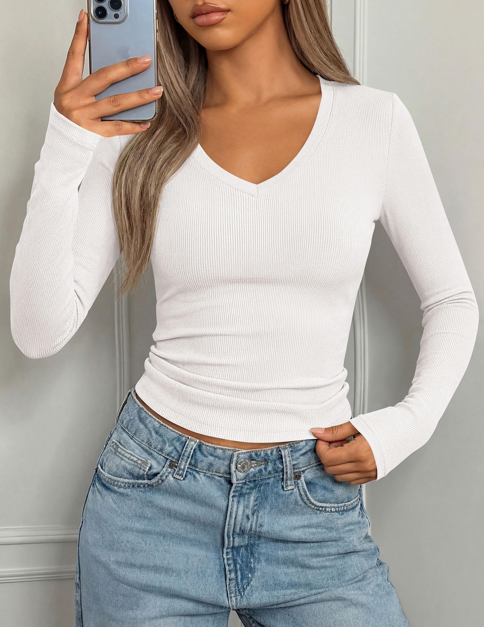 PRETTYGARDEN Long Sleeve Shirts for Women Fall V Neck Basic Tee Casual Fitted Ribbed Going Out Tops Kint Y2K Clothes