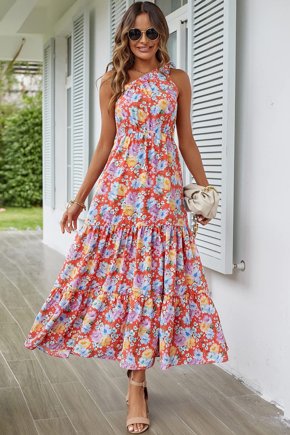 PRETTYGARDEN Women's Summer Floral One Shoulder Maxi Dress Knot Ruffle Boho Beach Vacation Wedding Guest Long Sun Dresses