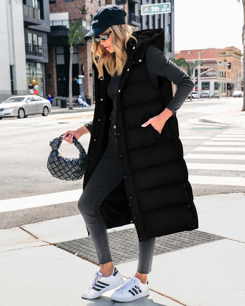 FreshPretty Long Puffer Vest Women Quilted Hooded Button Down Zip Up Sleeveless Vests Outerwear Padded Jacket Fall Winter Coat