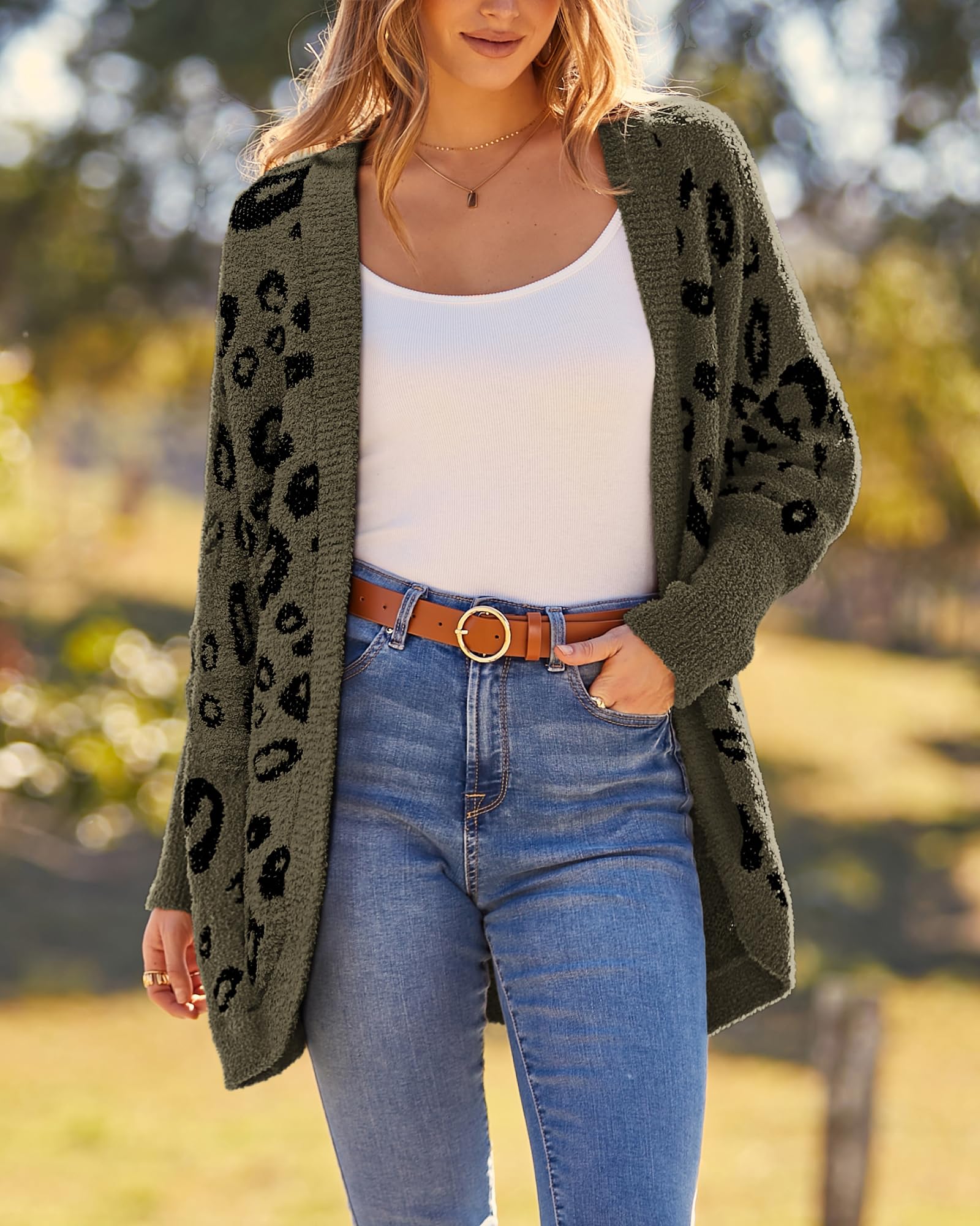 FreshPretty Leopard Cardigan for Women Long Sleeve Open Front Cardigans Sweaters Pockets Loose Knit Fall Winter Outwear