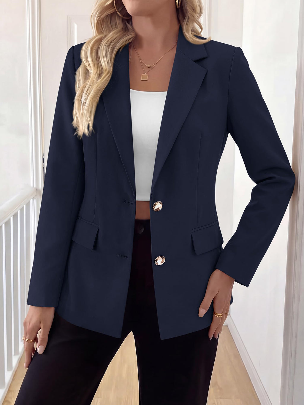 BTFBM Blazers for Women Business Casual Outfits Work Fall Clothes Breasted Notch Lapel, Long Sleeve, Gold Button, Fitted, Open Front Suit Jackets, Pockets, Dressy Professional Office Blazer