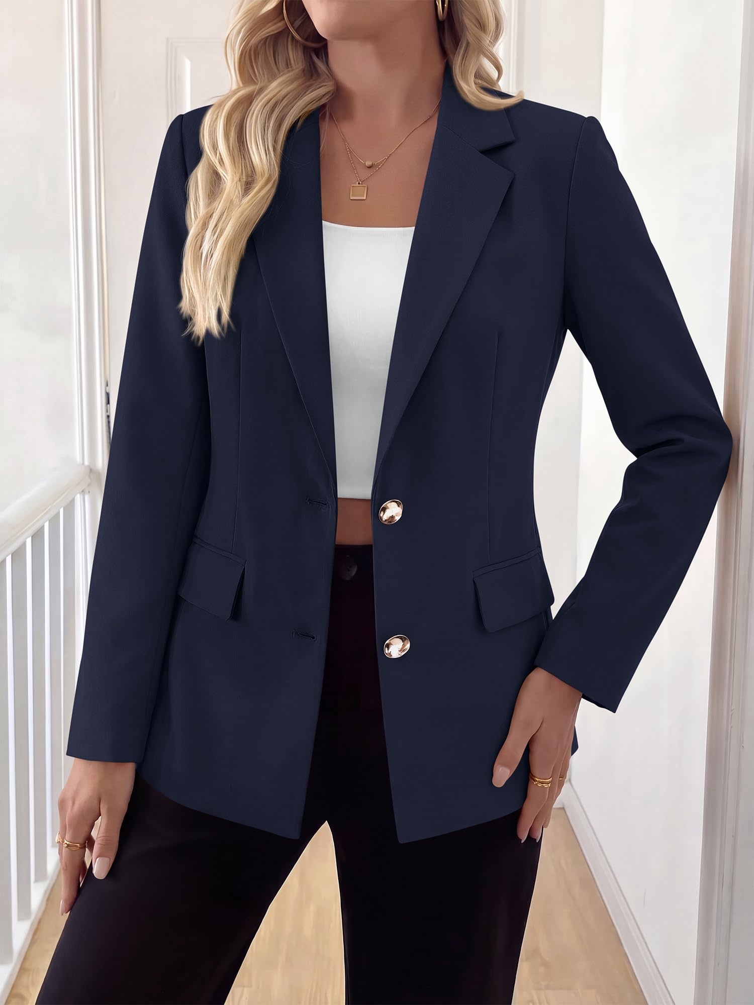 BTFBM Blazers for Women Business Casual Outfits Work Fall Clothes Breasted Notch Lapel, Long Sleeve, Gold Button, Fitted, Open Front Suit Jackets, Pockets, Dressy Professional Office Blazer