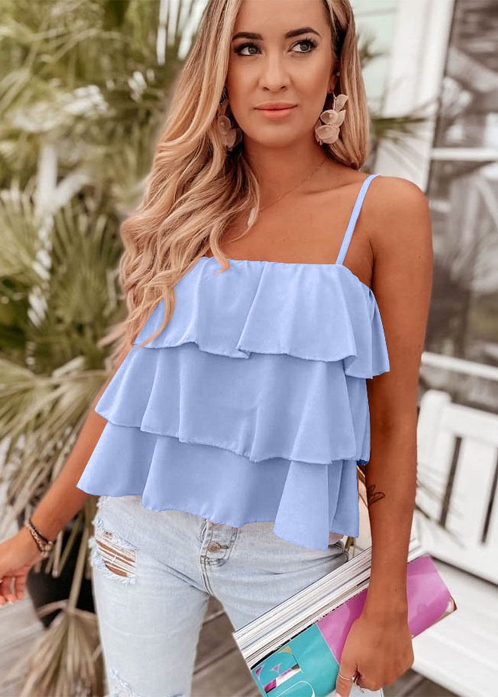 FreshPretty Spaghetti Strap Ruffle Babydoll Peplum Tank Tops for Women Summer Cute Flowy Beach Vacation Cruise Outfits