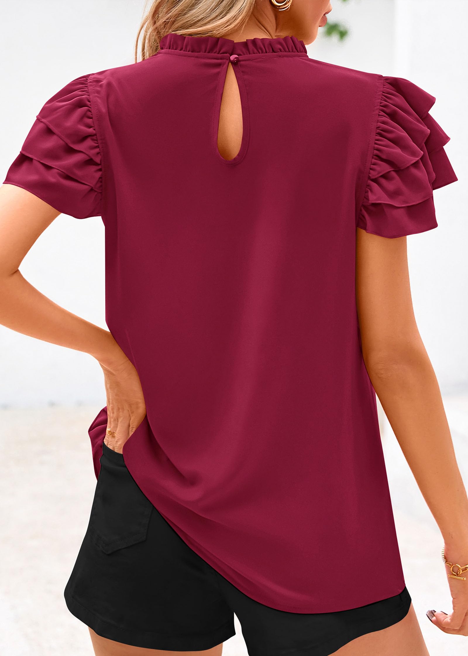 FreshPretty Blouses for Women Dressy Casual Spring Summer Ruffle Short Sleeve Mock Neck Work Shirts Tops Fashion Clothing