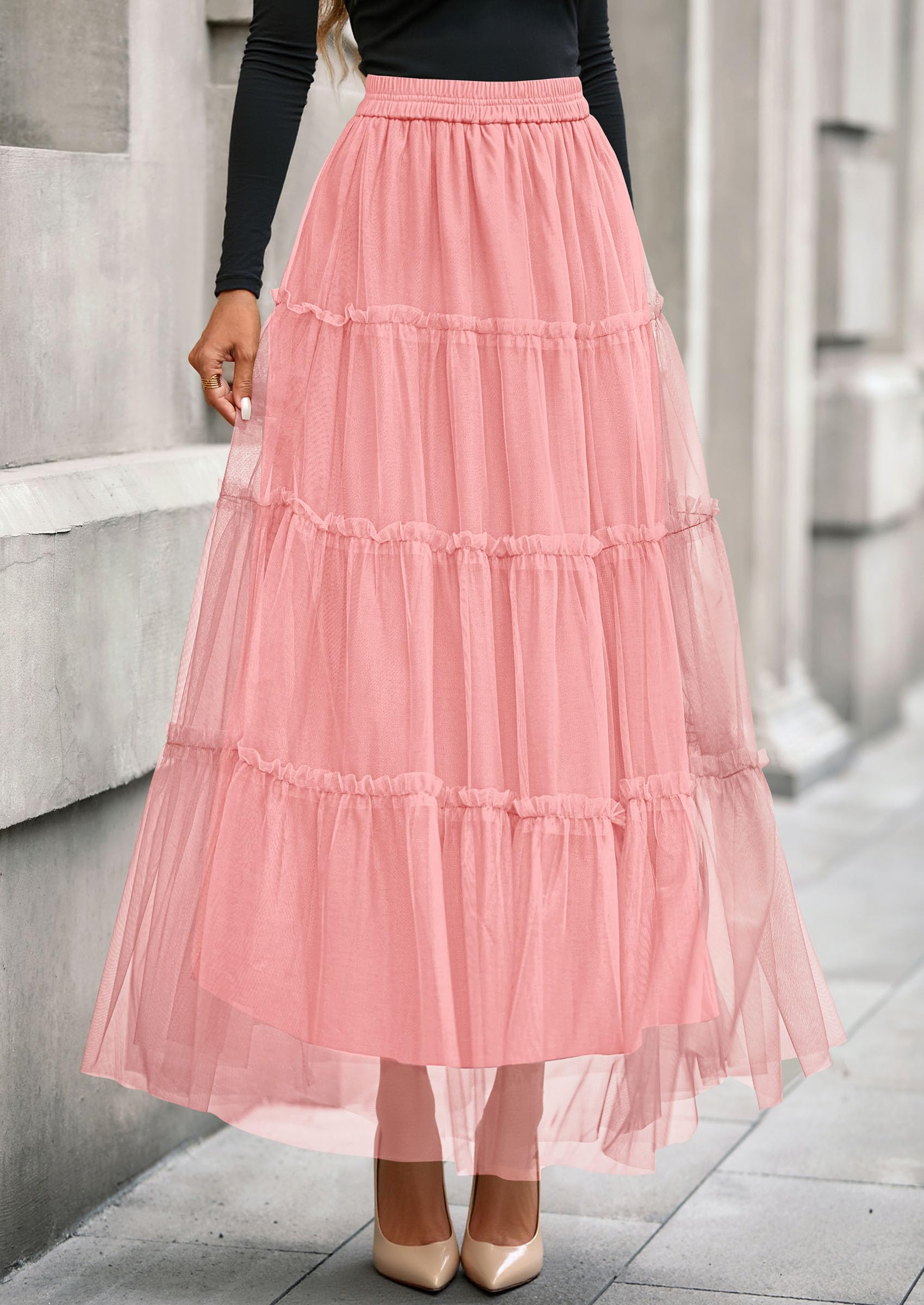 PRETTYGARDEN Tulle Skirts for Women Fall Fashion Elastic High Waisted Fairy Tiered Flowy A-Line Casual Maxi Long Skirt