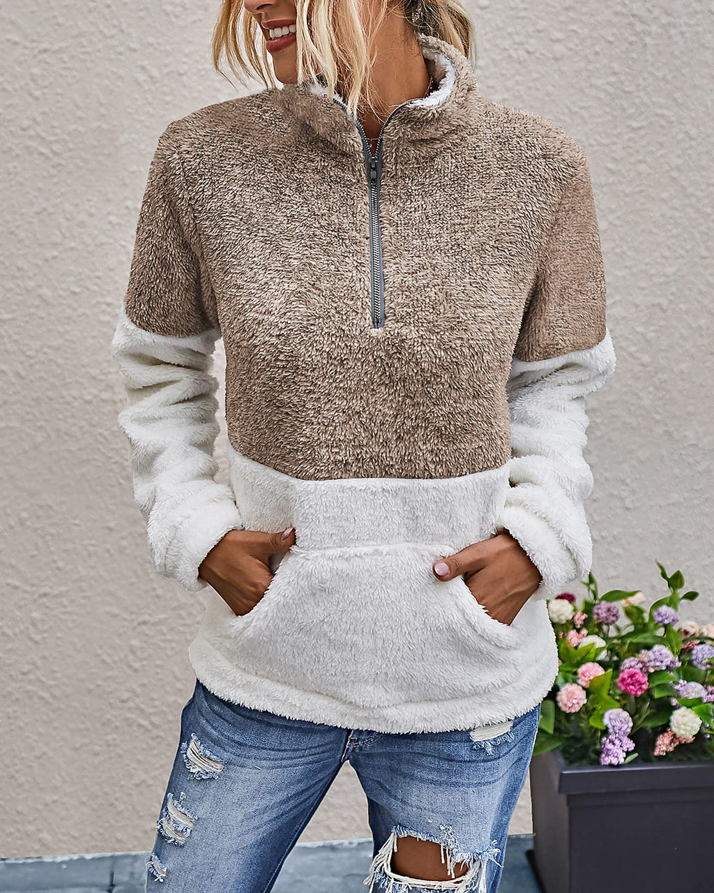 BTFBM Womens Sweatshirt Sherpa Quarter Zip Pullover Fall Winter Long Sleeve Fleece Sweaters Hoodies Sweatshirts Clothes